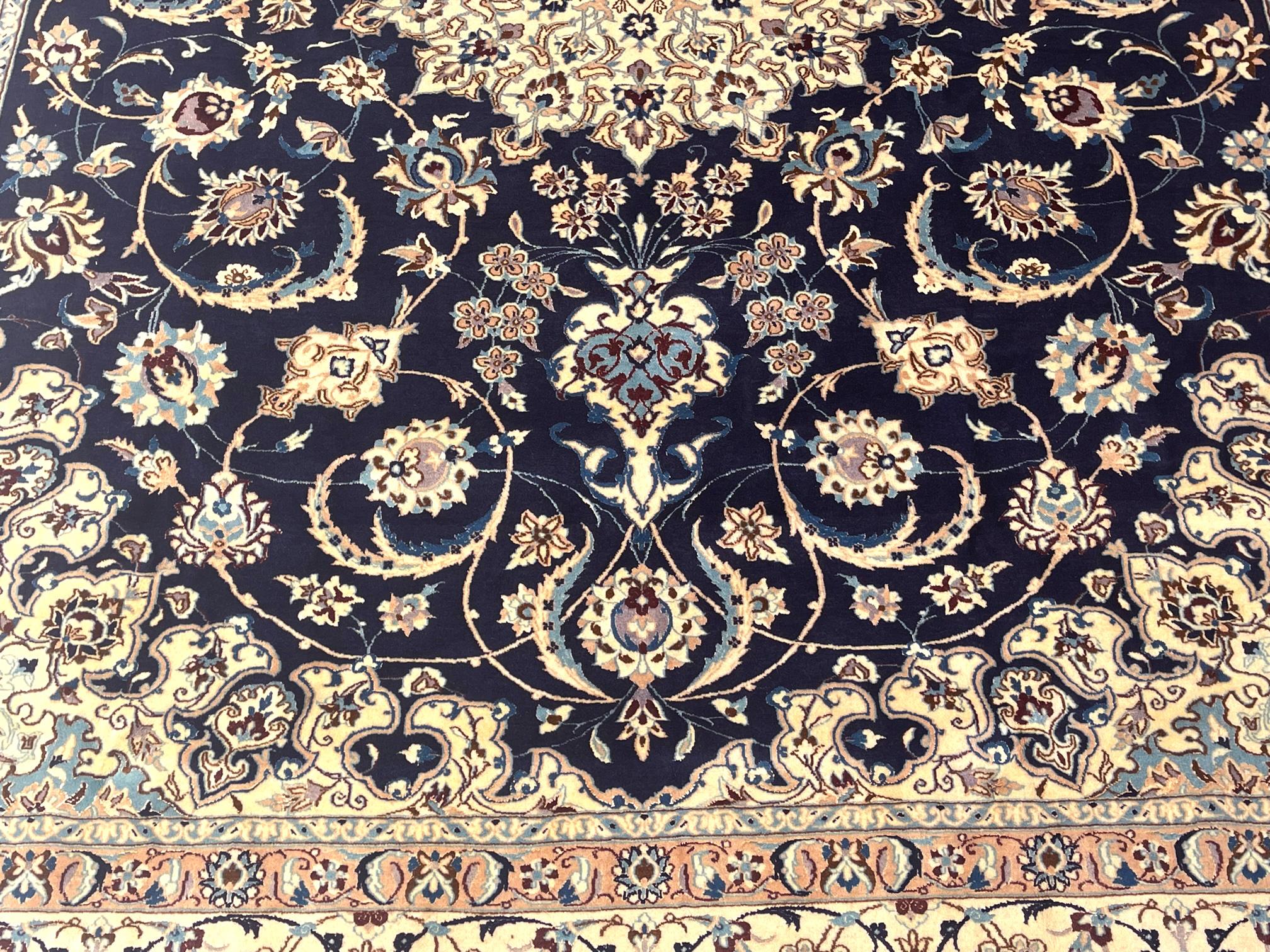 Persian Hand Knotted Medallion Floral Cream Blue Nain Rug, 1970 circa For Sale 6