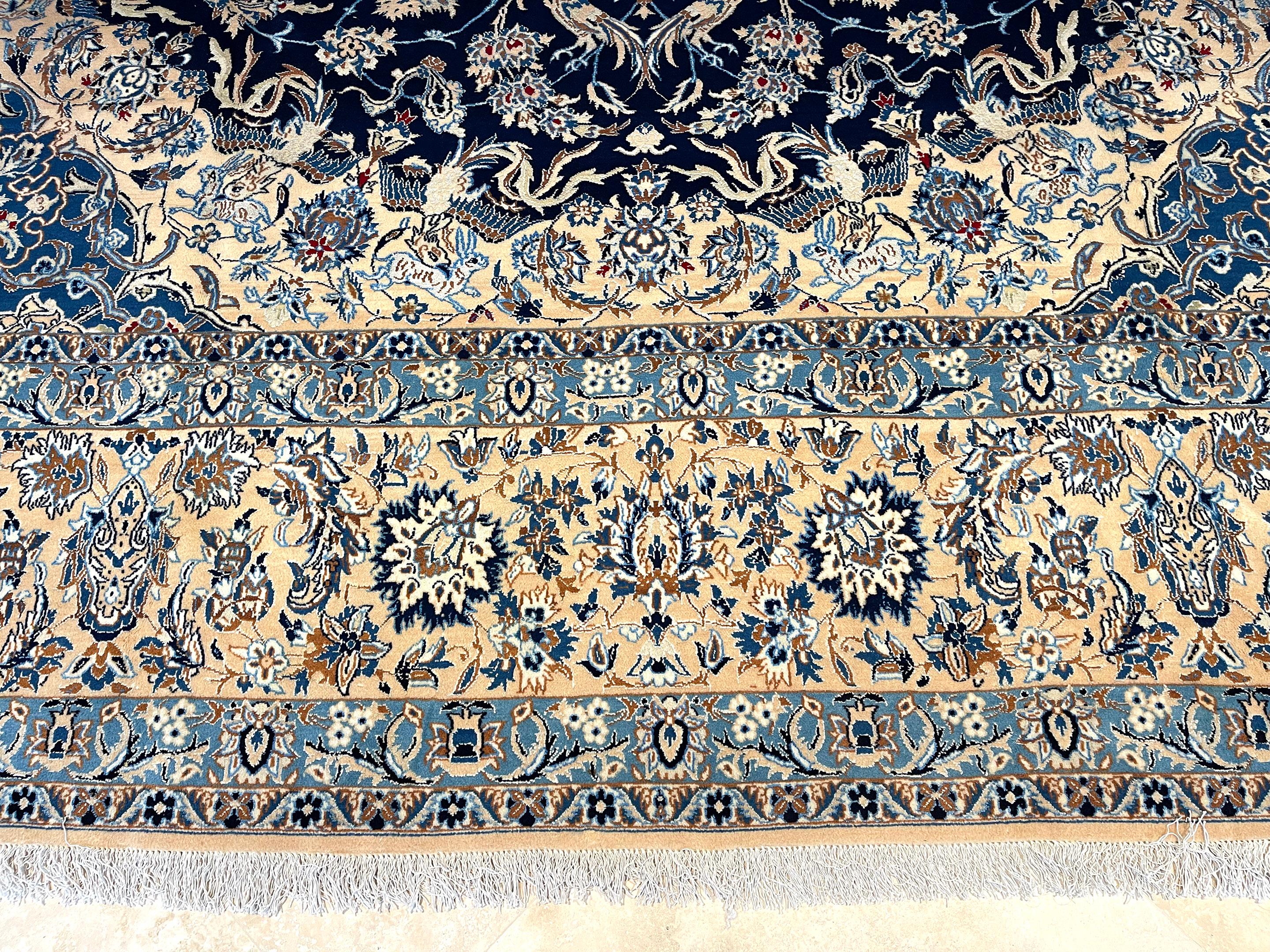 Persian Hand Knotted Medallion Floral Cream Blue Nain Rug 1970 Circa For Sale 6