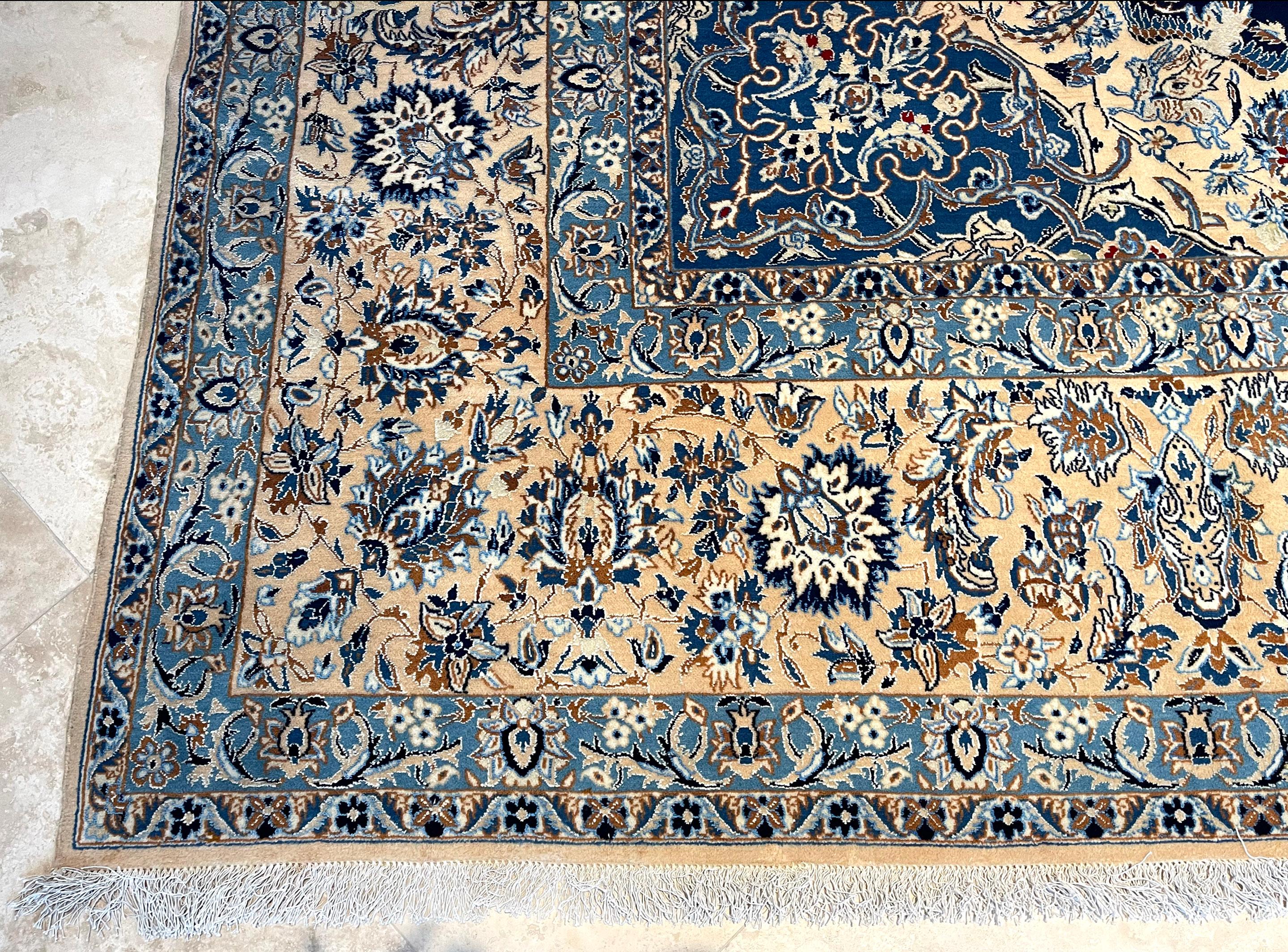 Persian Hand Knotted Medallion Floral Cream Blue Nain Rug 1970 Circa For Sale 7
