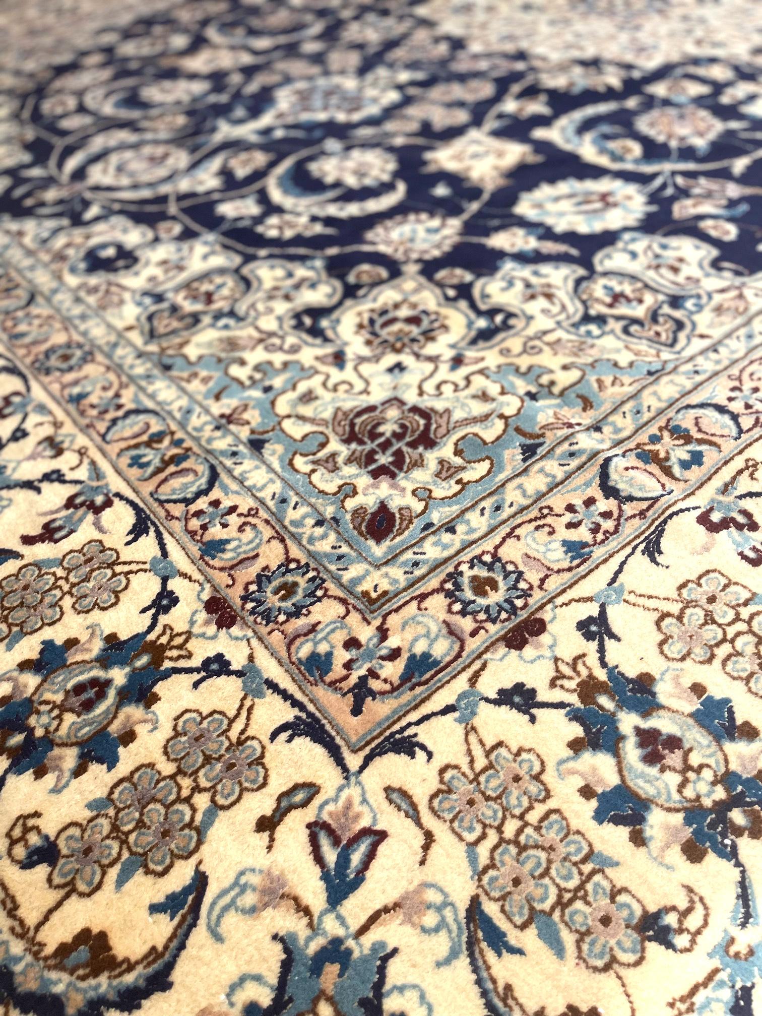 Persian Hand Knotted Medallion Floral Cream Blue Nain Rug, 1970 circa For Sale 8