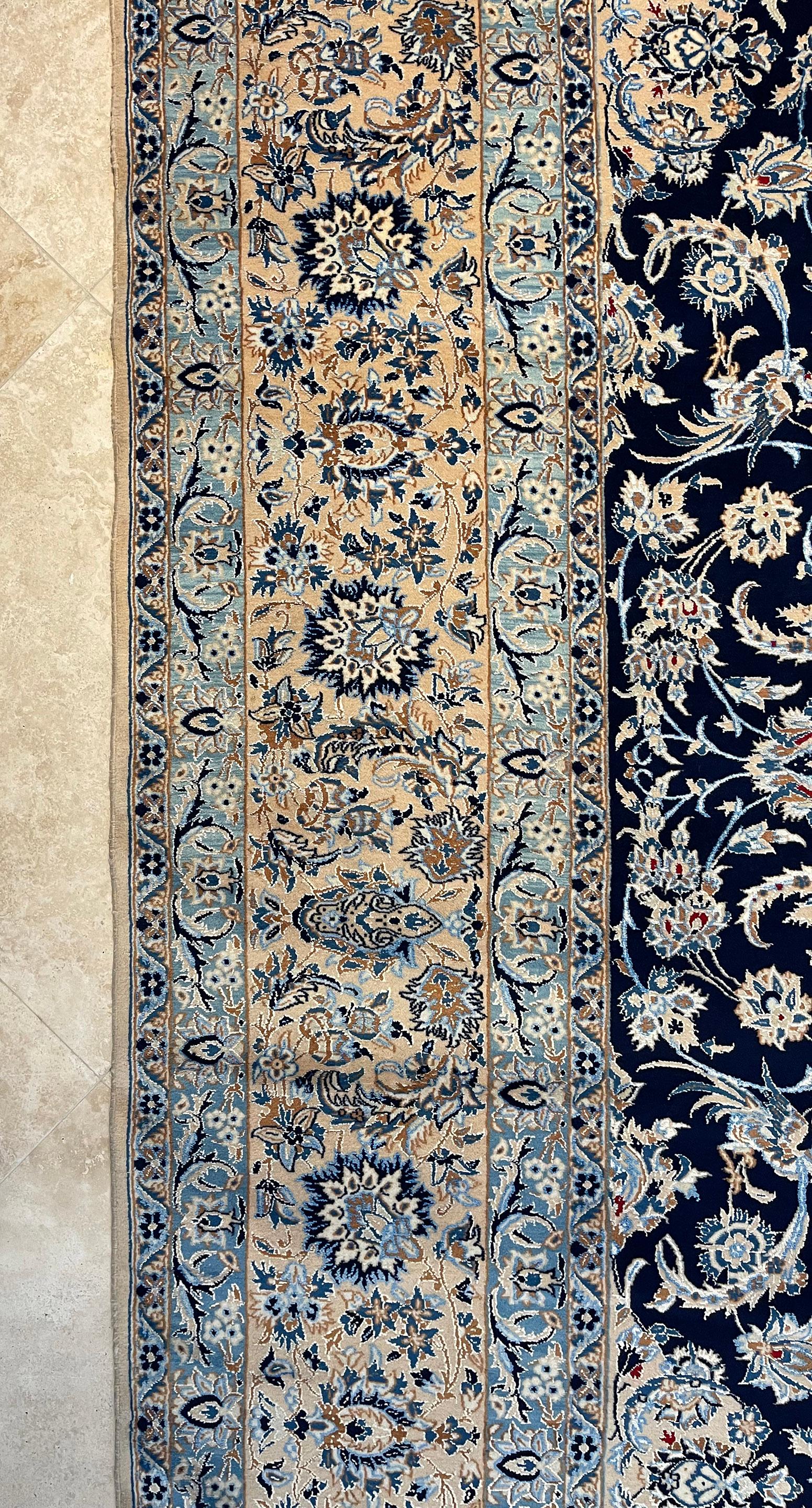 Persian Hand Knotted Medallion Floral Cream Blue Nain Rug 1970 Circa For Sale 8