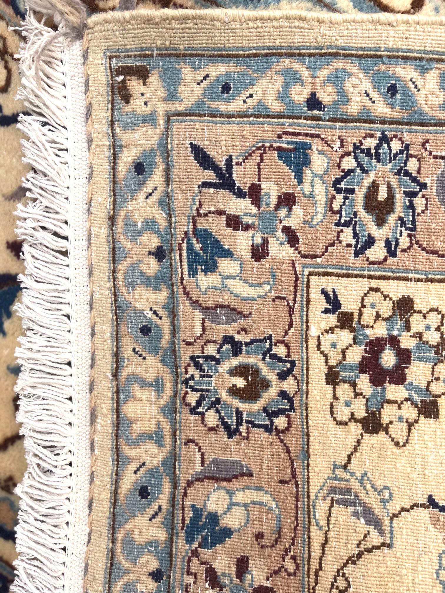 Persian Hand Knotted Medallion Floral Cream Blue Nain Rug, 1970 circa For Sale 10