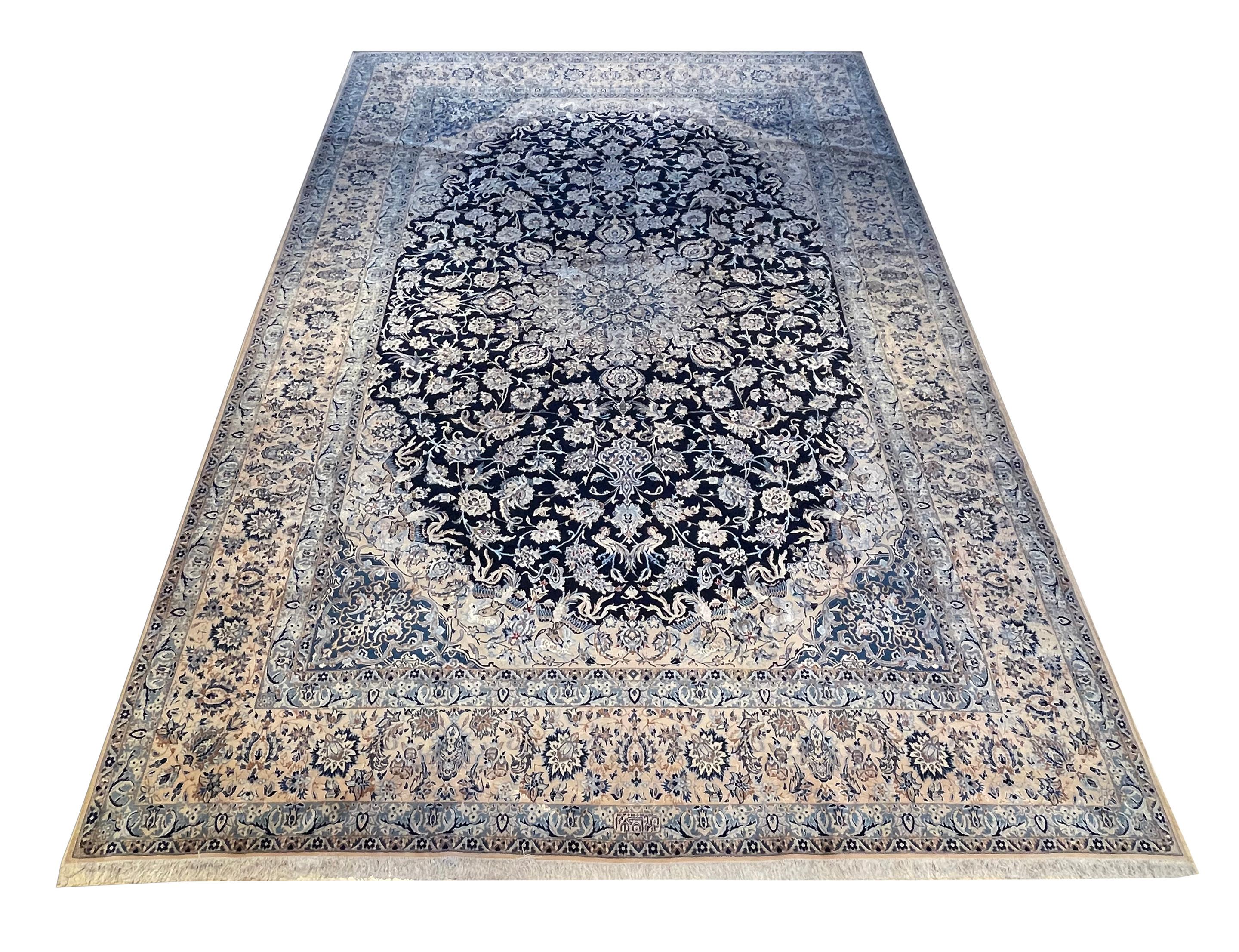 Persian Hand Knotted Medallion Floral Cream Blue Nain Rug 1970 Circa For Sale 10