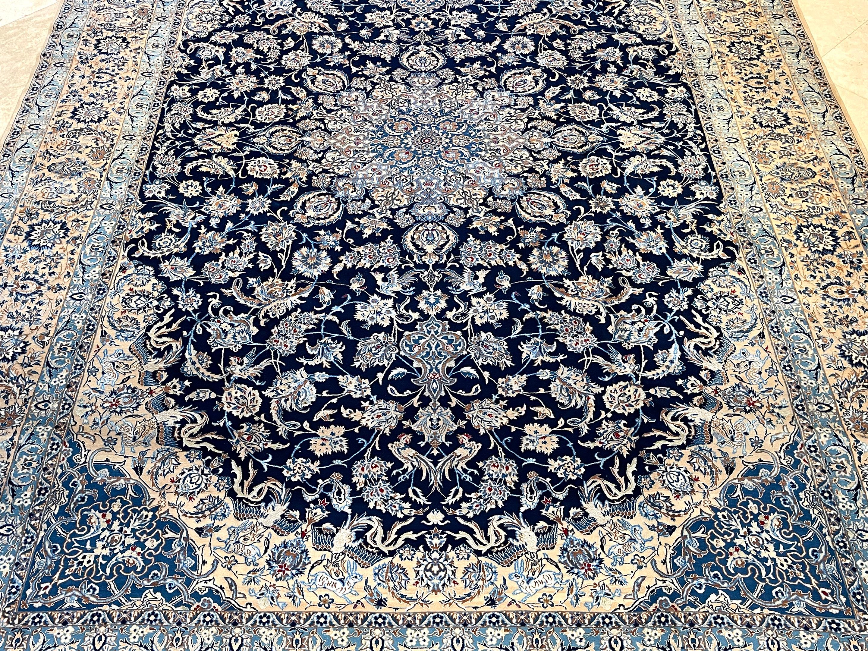 Persian Hand Knotted Medallion Floral Cream Blue Nain Rug 1970 Circa For Sale 11