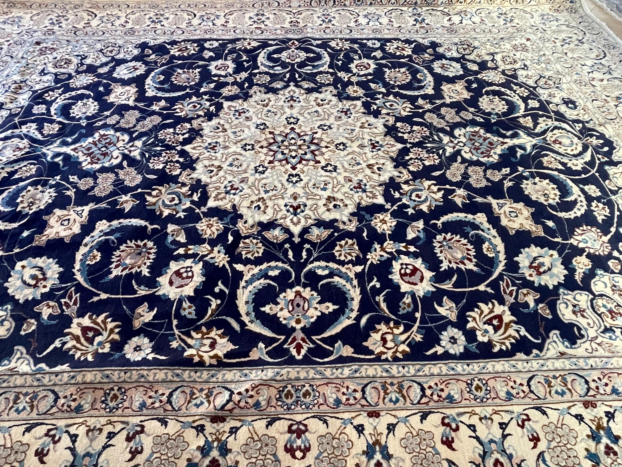 Persian Hand Knotted Medallion Floral Cream Blue Nain Rug, 1970 circa For Sale 12