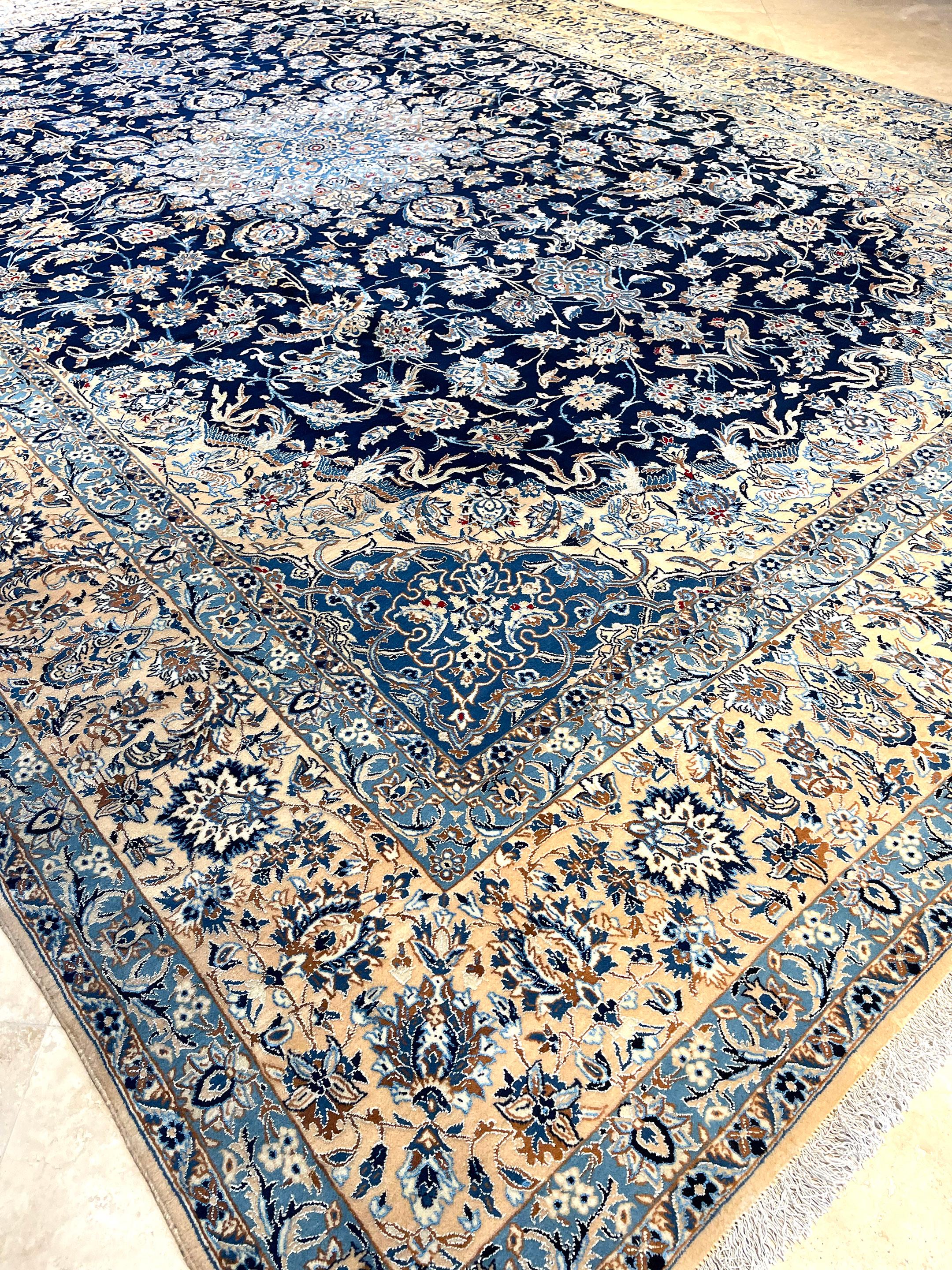 Persian Hand Knotted Medallion Floral Cream Blue Nain Rug 1970 Circa For Sale 12
