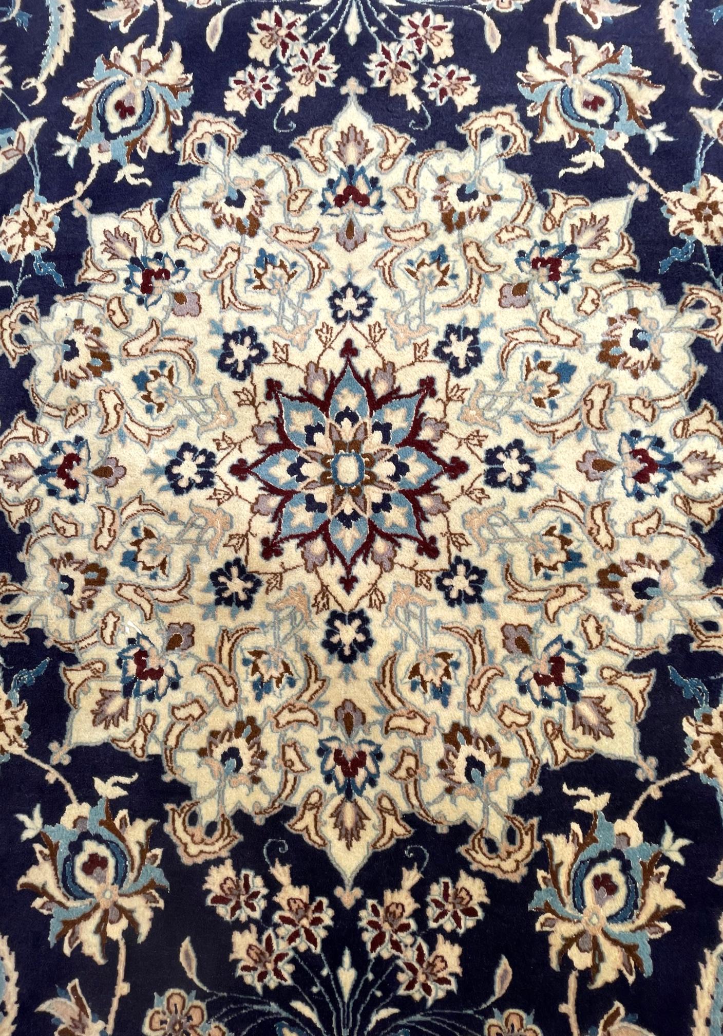Hand-Knotted Persian Hand Knotted Medallion Floral Cream Blue Nain Rug, 1970 circa For Sale