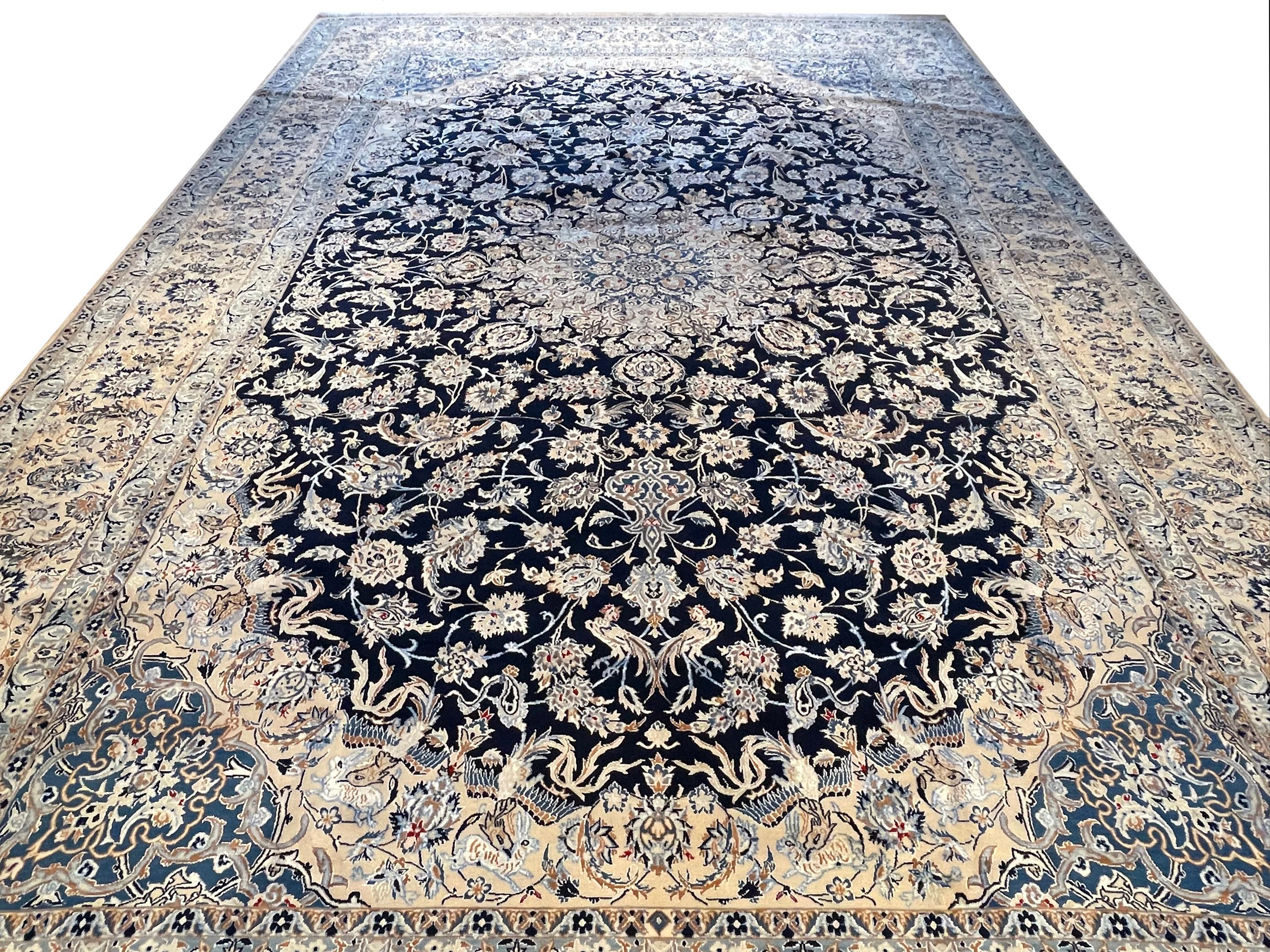 Hand-Knotted Persian Hand Knotted Medallion Floral Cream Blue Nain Rug 1970 Circa For Sale