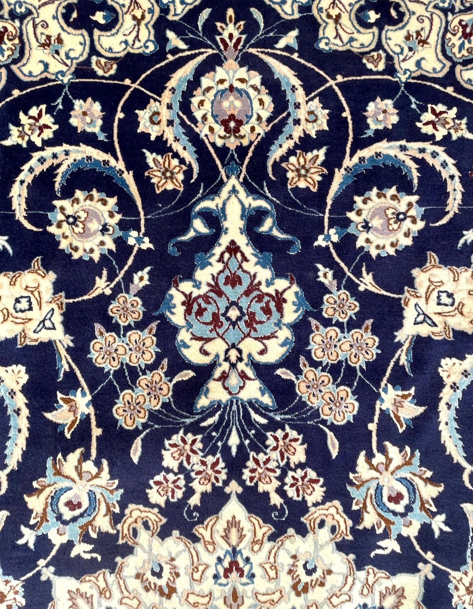 Wool Persian Hand Knotted Medallion Floral Cream Blue Nain Rug, 1970 circa For Sale
