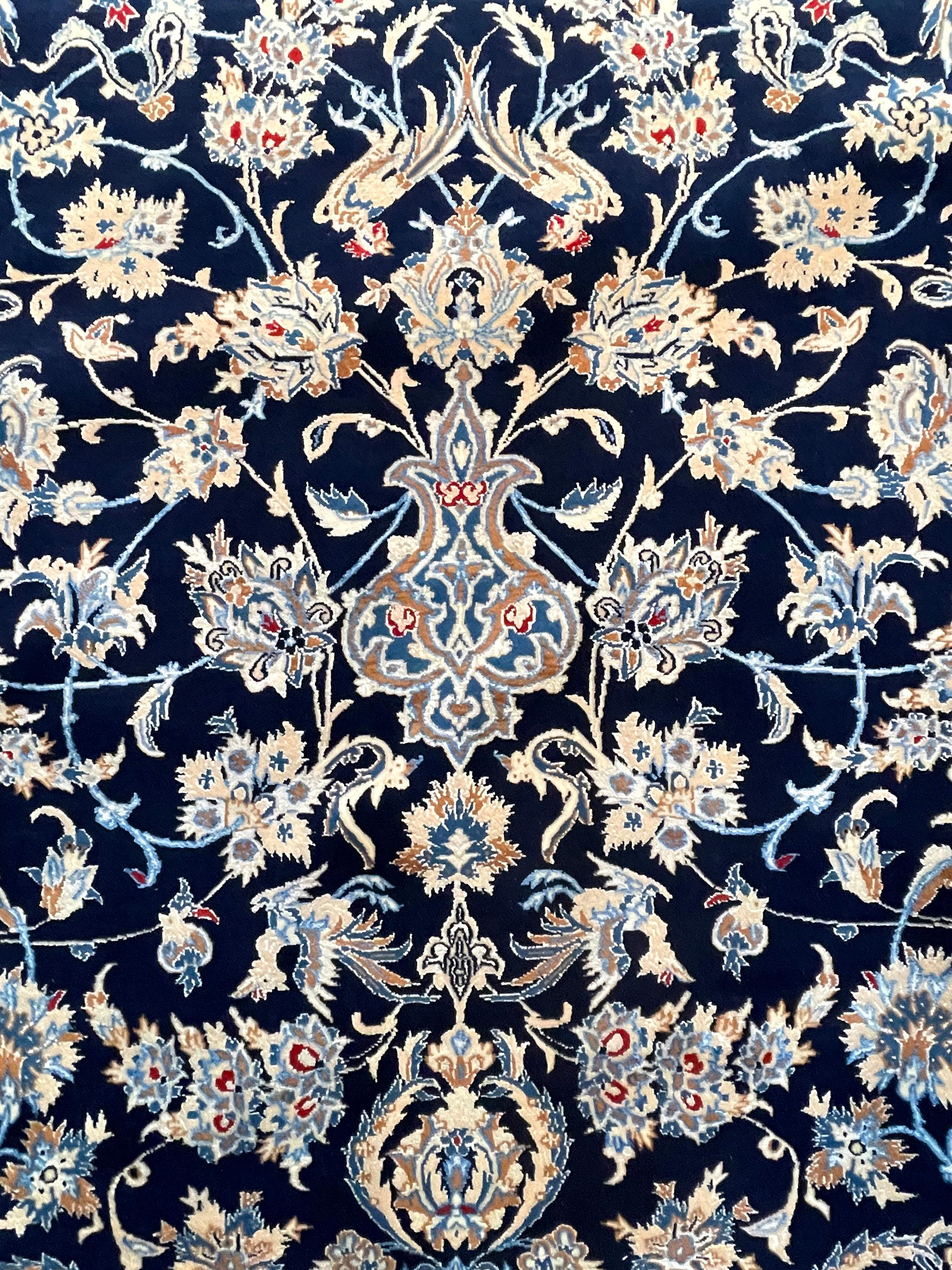 Wool Persian Hand Knotted Medallion Floral Cream Blue Nain Rug 1970 Circa For Sale