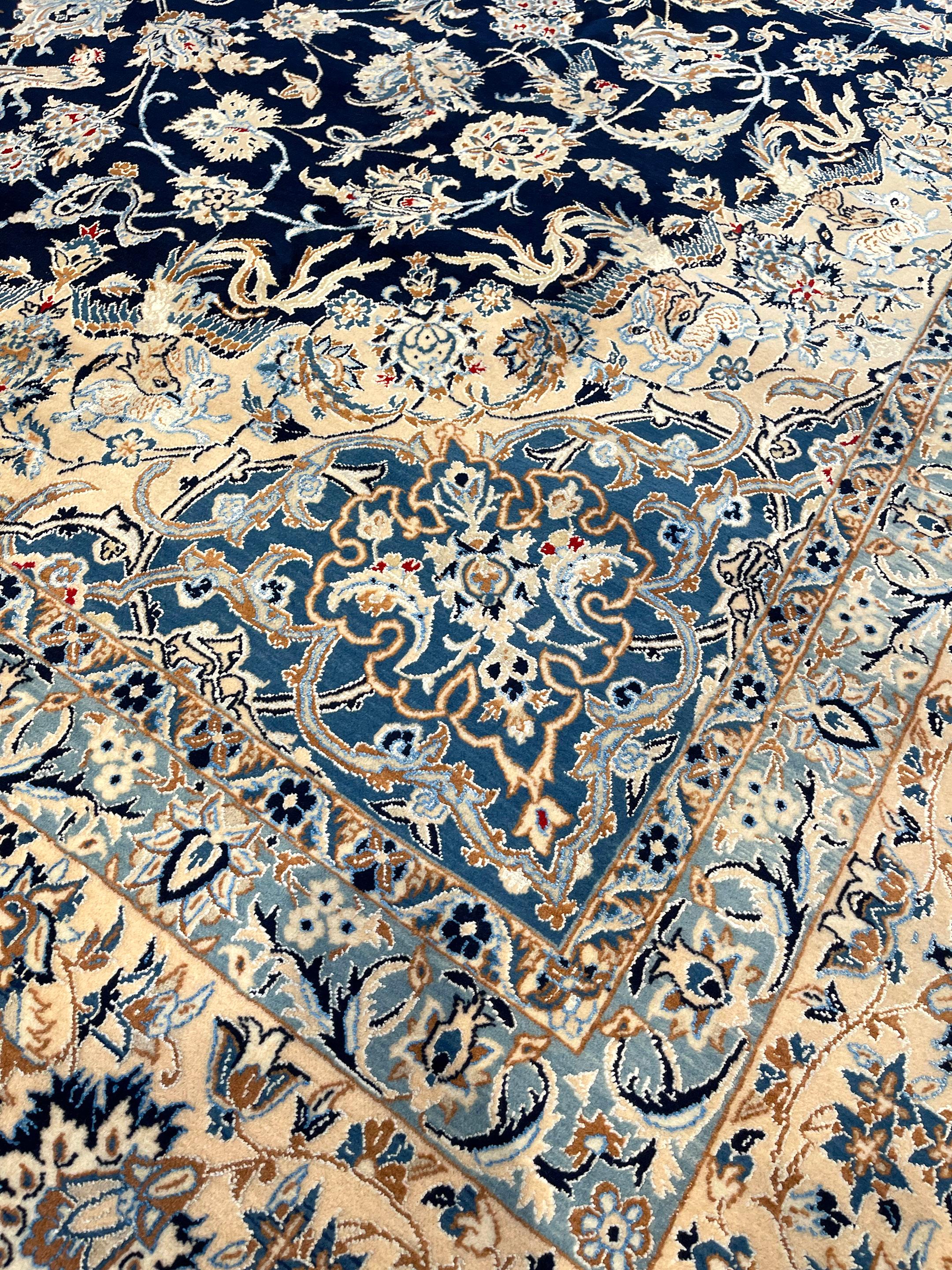 Persian Hand Knotted Medallion Floral Cream Blue Nain Rug 1970 Circa For Sale 1