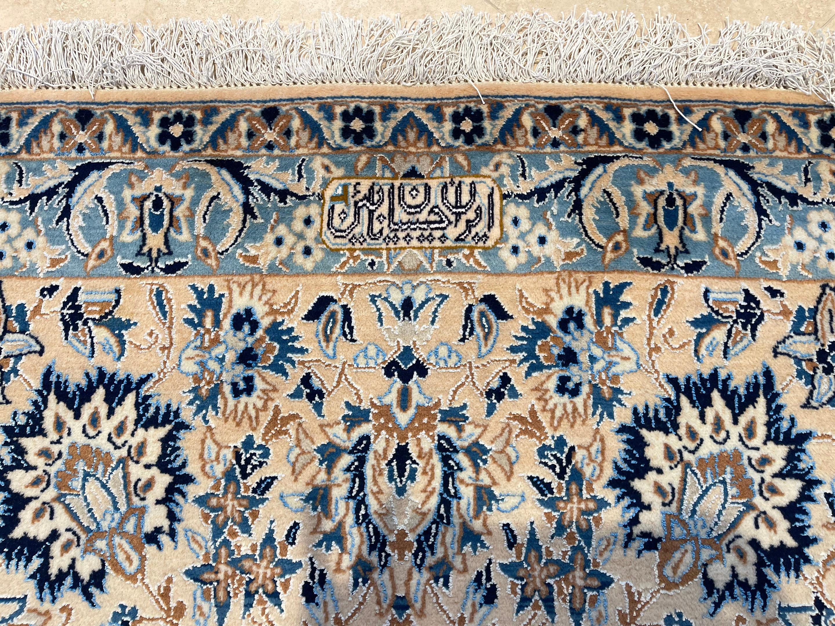 Persian Hand Knotted Medallion Floral Cream Blue Nain Rug 1970 Circa For Sale 2