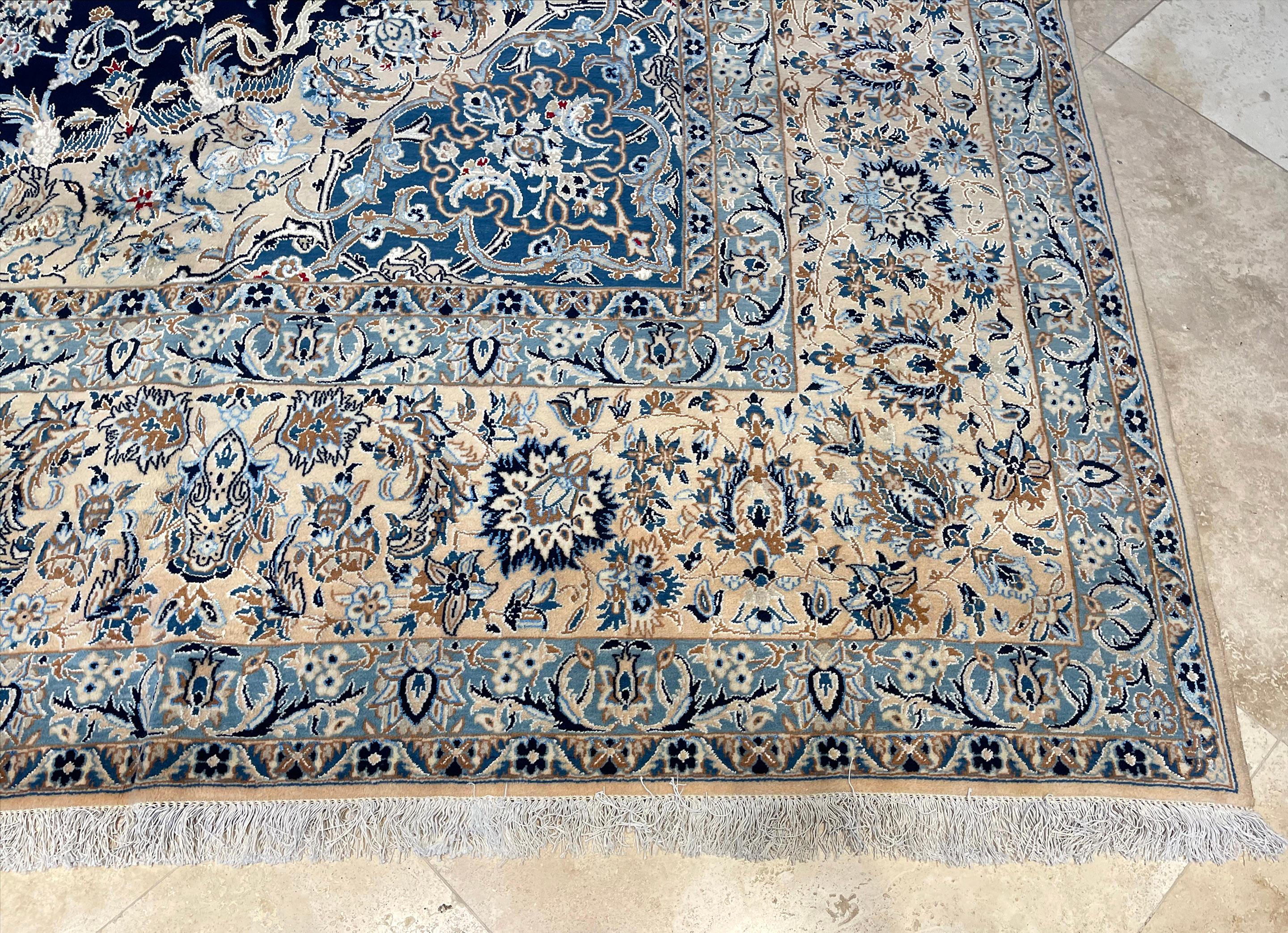 Persian Hand Knotted Medallion Floral Cream Blue Nain Rug 1970 Circa For Sale 3
