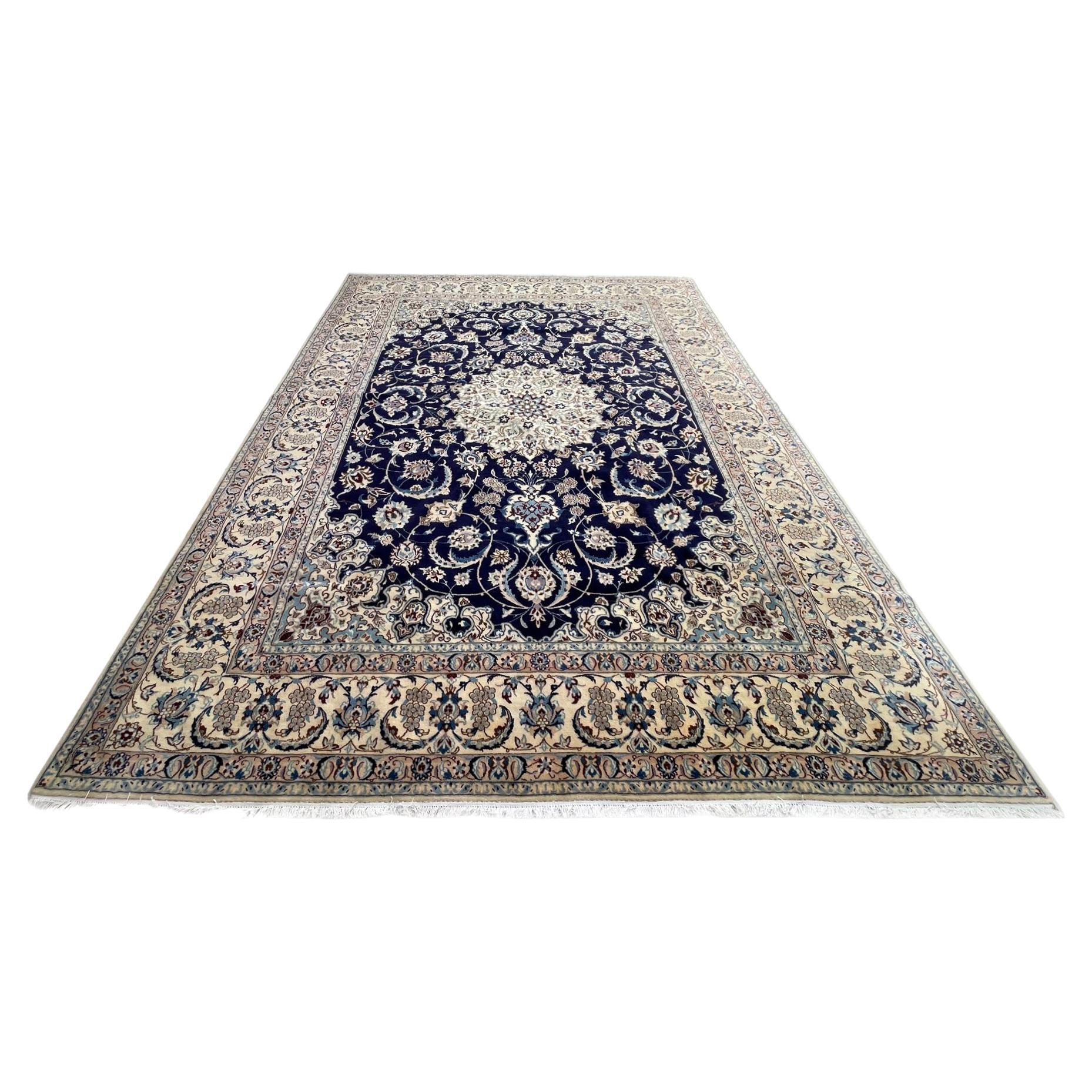 Persian Hand Knotted Medallion Floral Cream Blue Nain Rug, 1970 circa For Sale