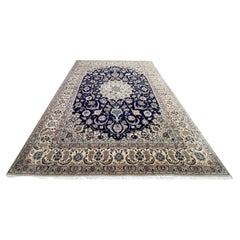 Persian Hand Knotted Medallion Floral Cream Blue Nain Rug, 1970 circa