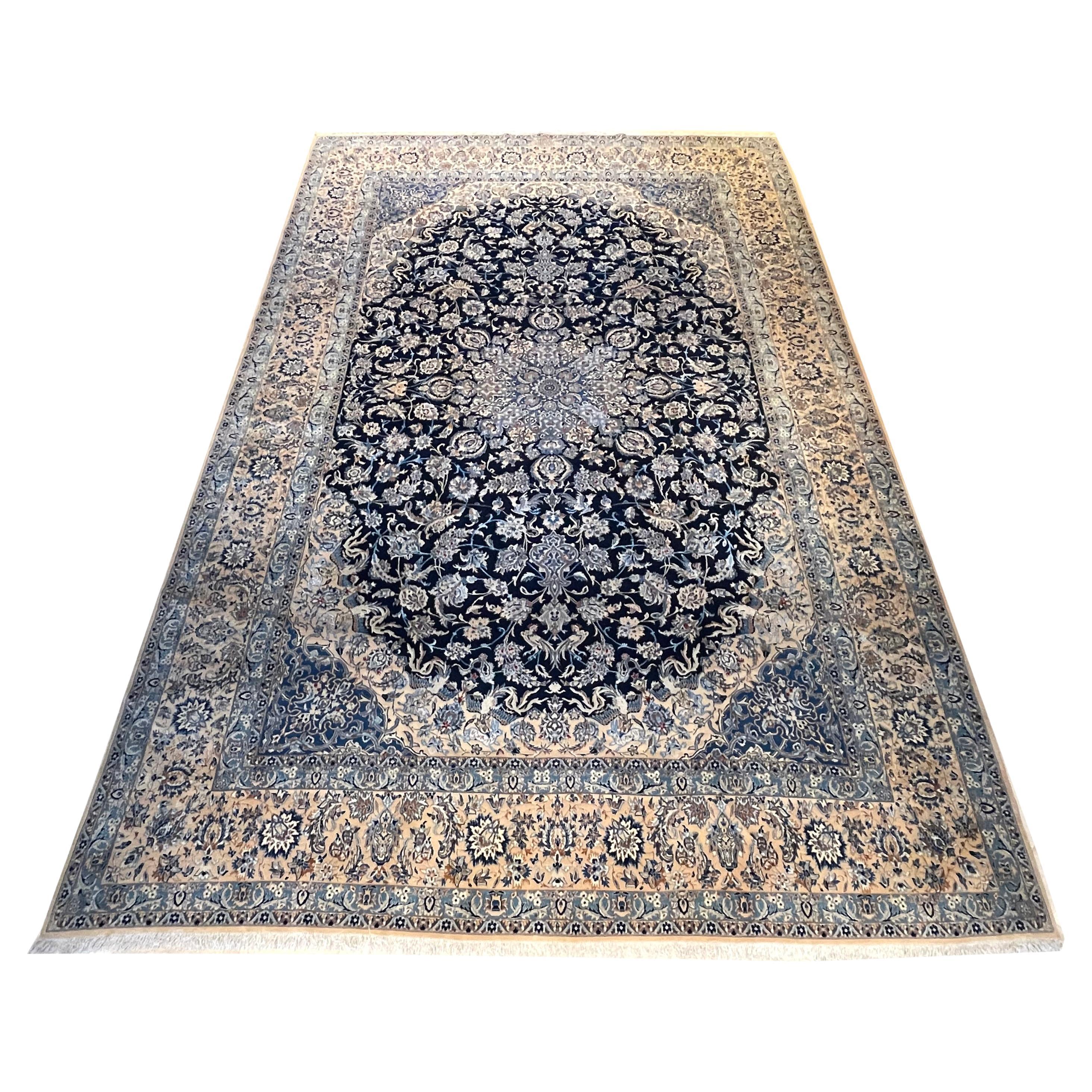 Persian Hand Knotted Medallion Floral Cream Blue Nain Rug 1970 Circa For Sale