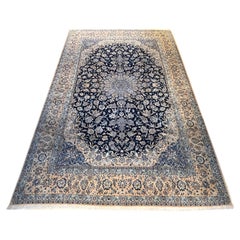 Persian Hand Knotted Medallion Floral Cream Blue Nain Rug 1970 Circa