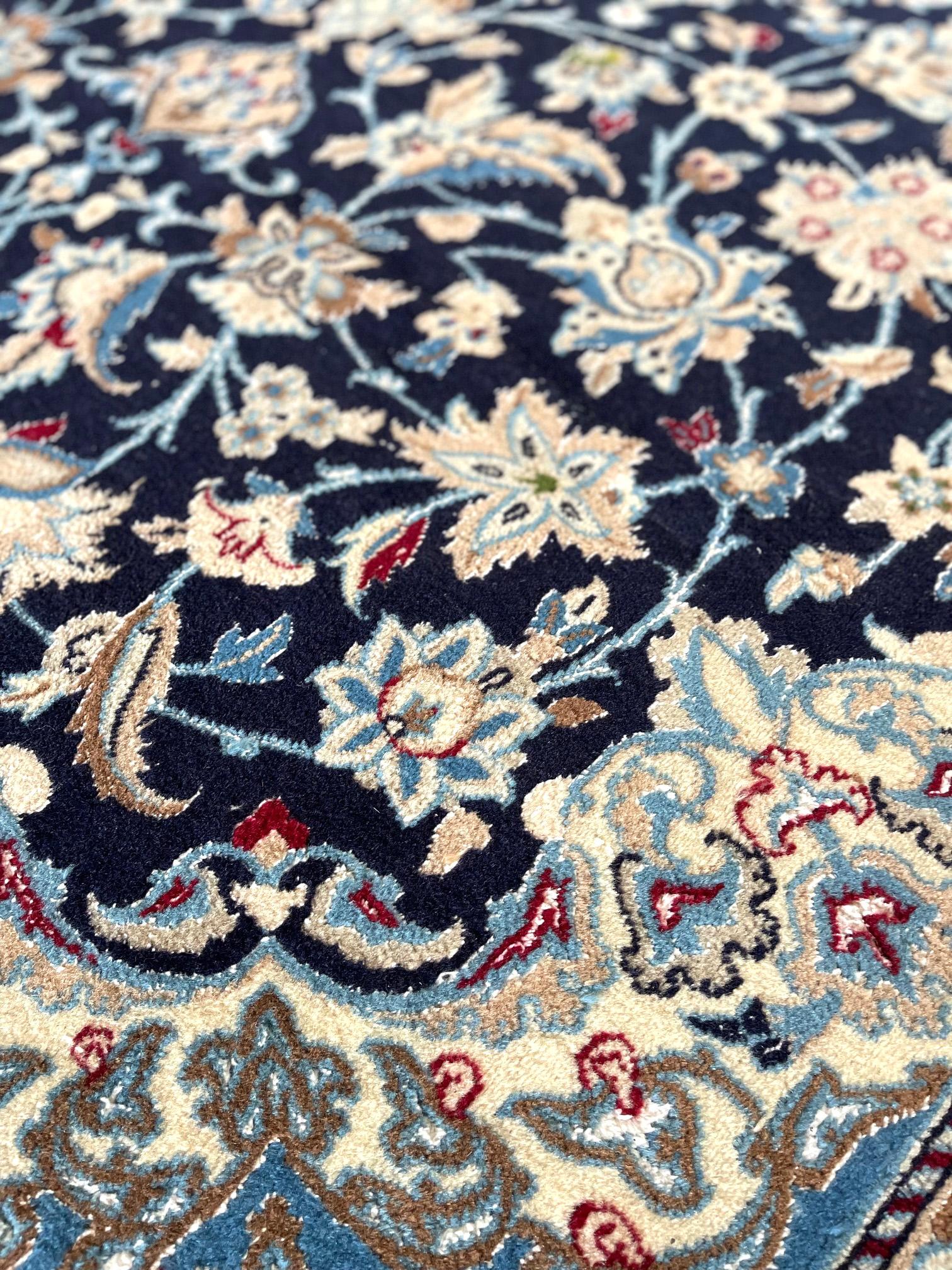 Persian Hand Knotted Medallion Floral Cream Blue Nain Rug 1980 Circa For Sale 6