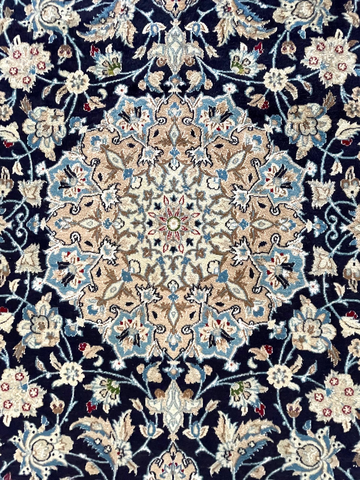 Hand-Knotted Persian Hand Knotted Medallion Floral Cream Blue Nain Rug 1980 Circa For Sale