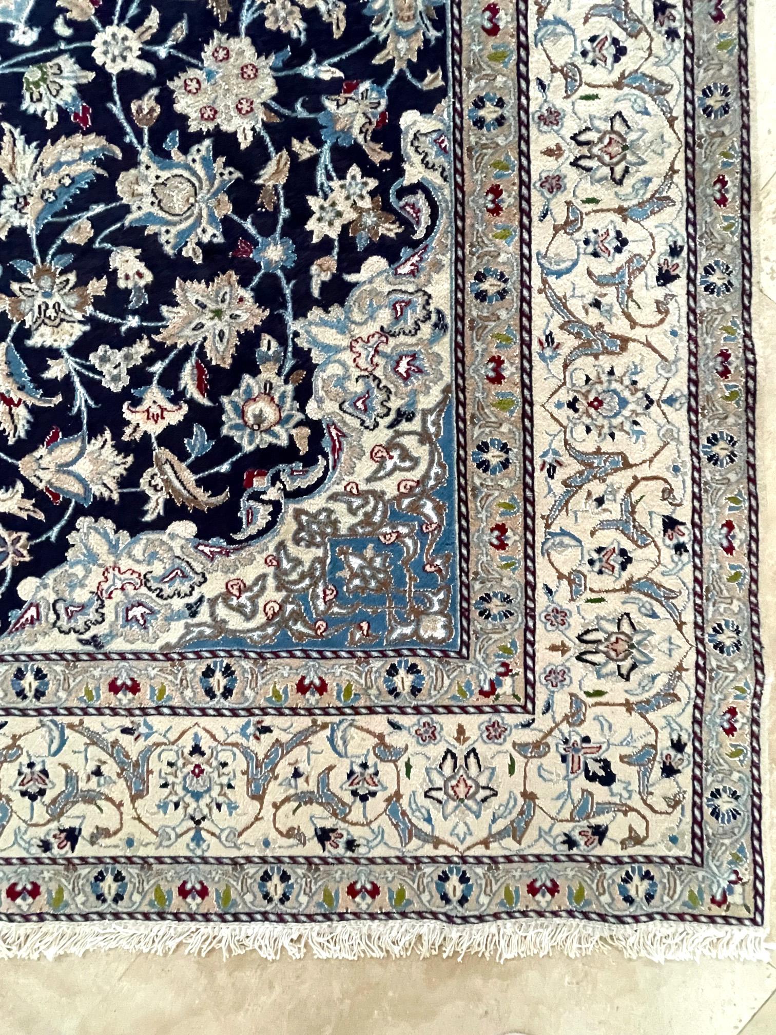 Persian Hand Knotted Medallion Floral Cream Blue Nain Rug 1980 Circa For Sale 1