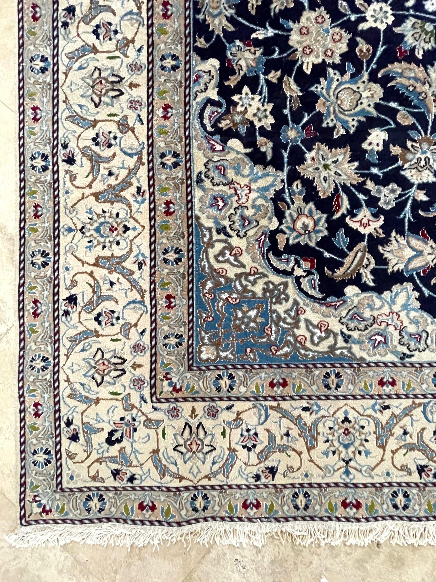 Persian Hand Knotted Medallion Floral Cream Blue Nain Rug 1980 Circa For Sale 2