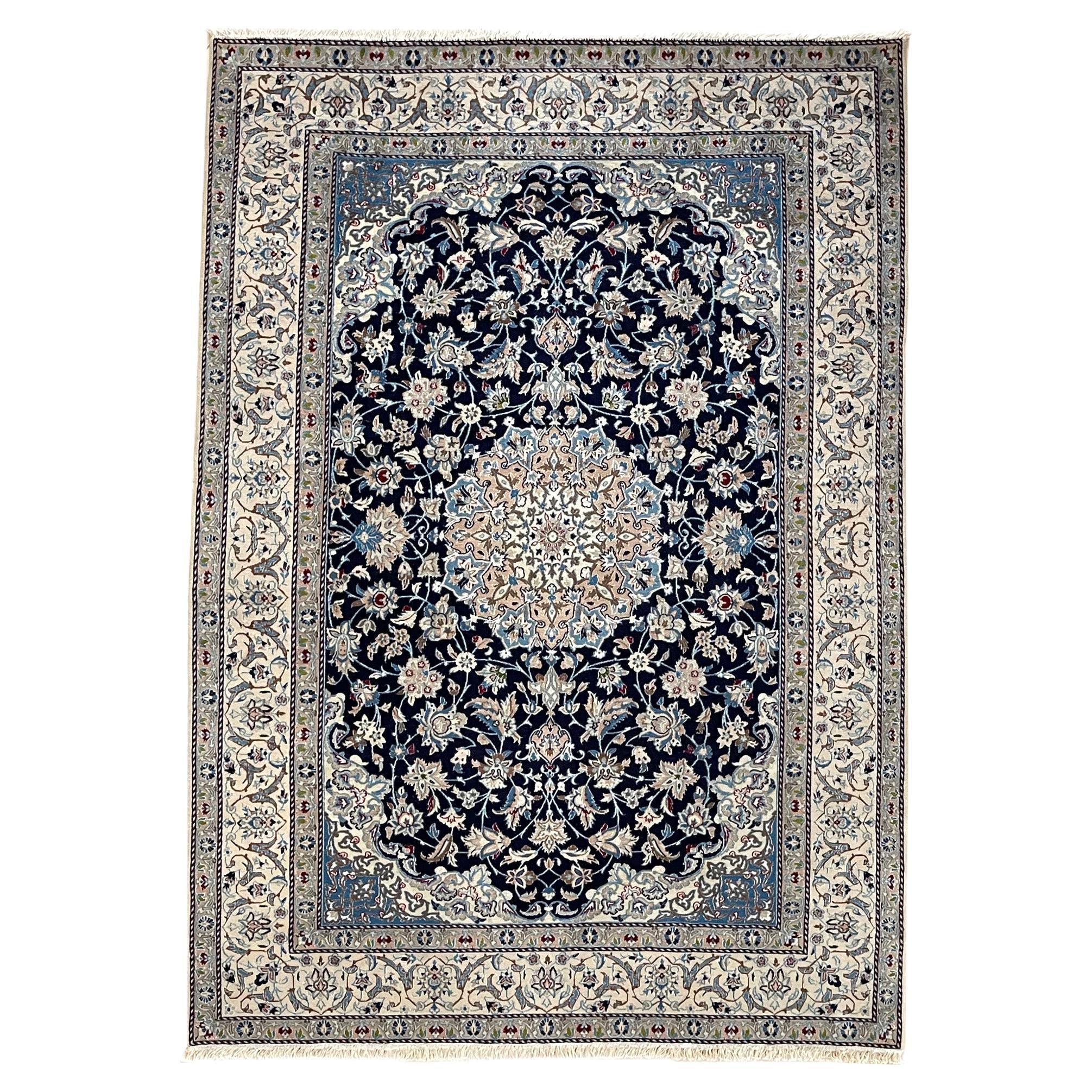 Persian Hand Knotted Medallion Floral Cream Blue Nain Rug 1980 Circa For Sale