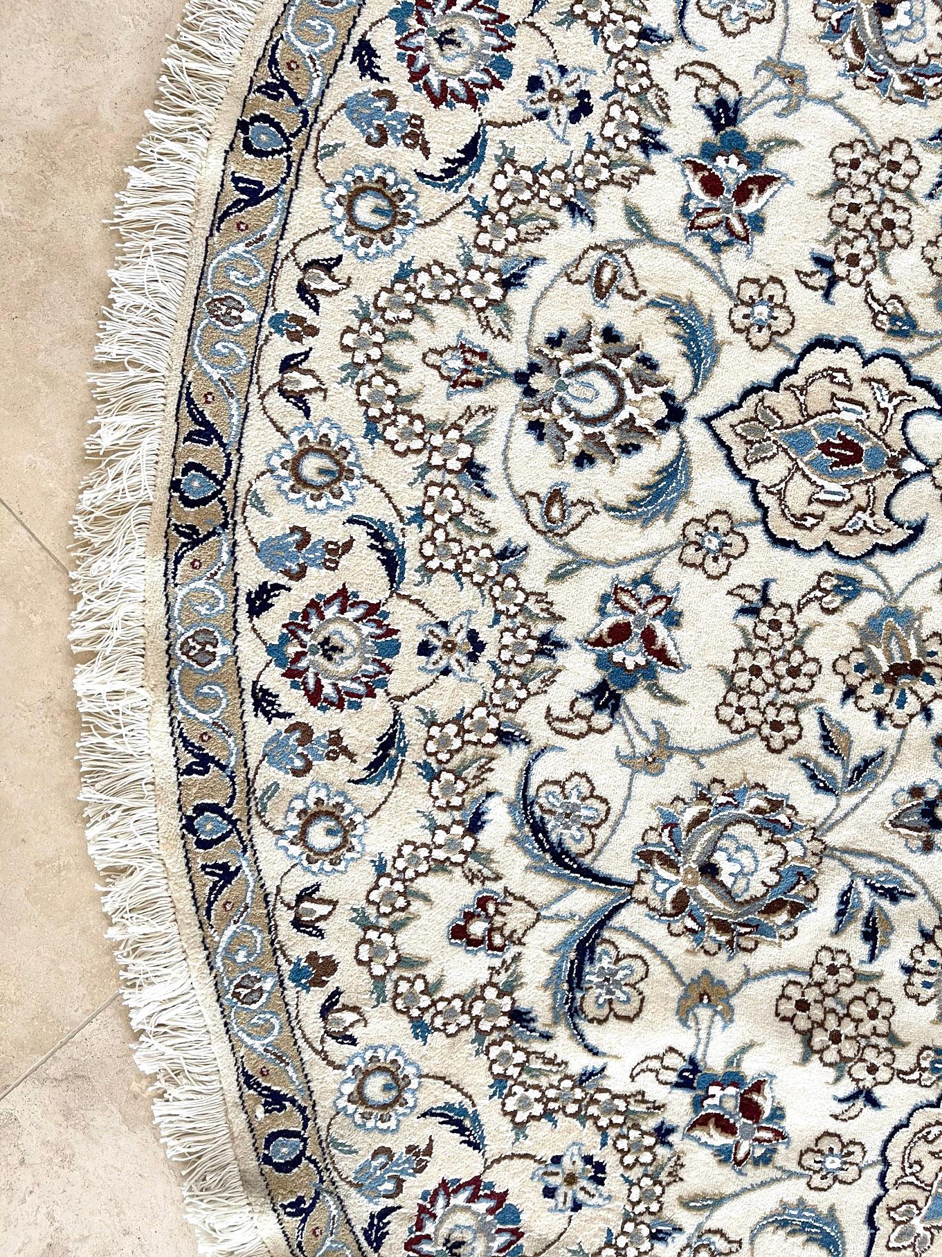 Persian Hand Knotted Medallion Floral Cream Blue Nain Rug 2000 Circa For Sale 8