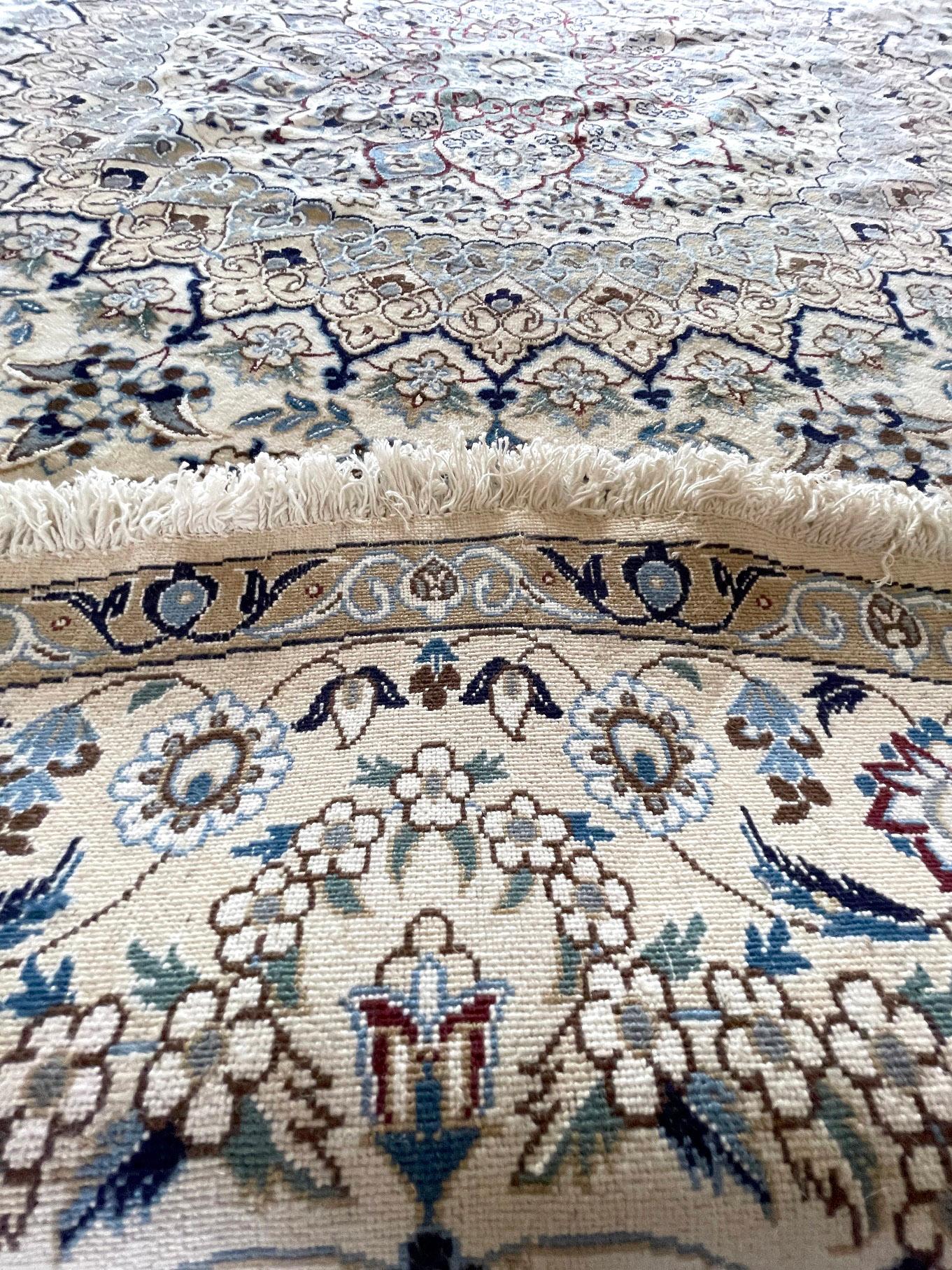 Persian Hand Knotted Medallion Floral Cream Blue Nain Rug 2000 Circa For Sale 9