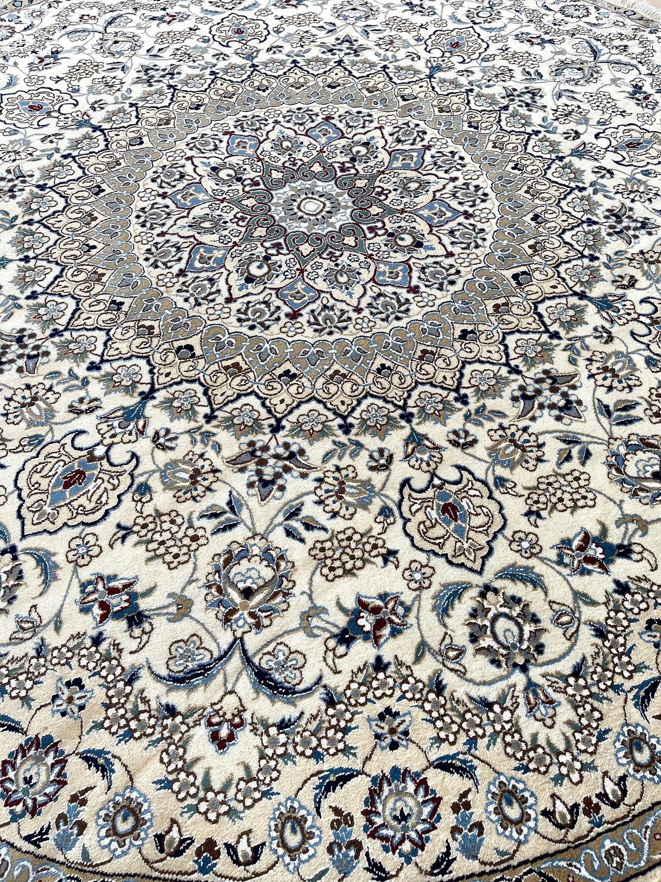 Persian Hand Knotted Medallion Floral Cream Blue Nain Rug 2000 Circa For Sale 2