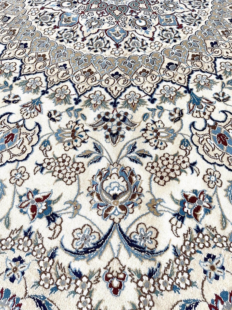 Persian Hand Knotted Medallion Floral Cream Blue Nain Rug 2000 Circa ...