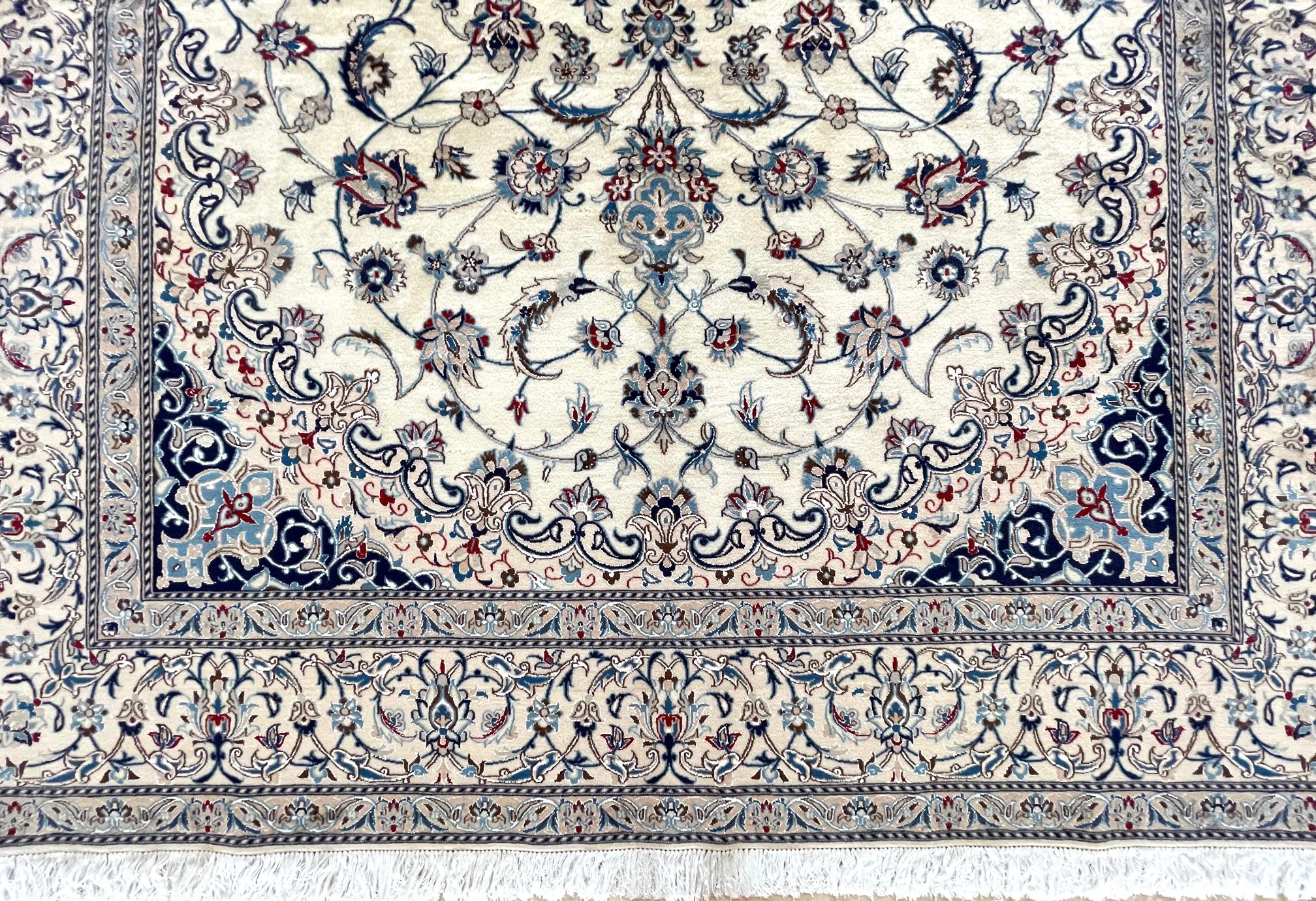 Persian Hand Knotted Medallion Floral Cream Blue Nain Rug, circa 1990 6