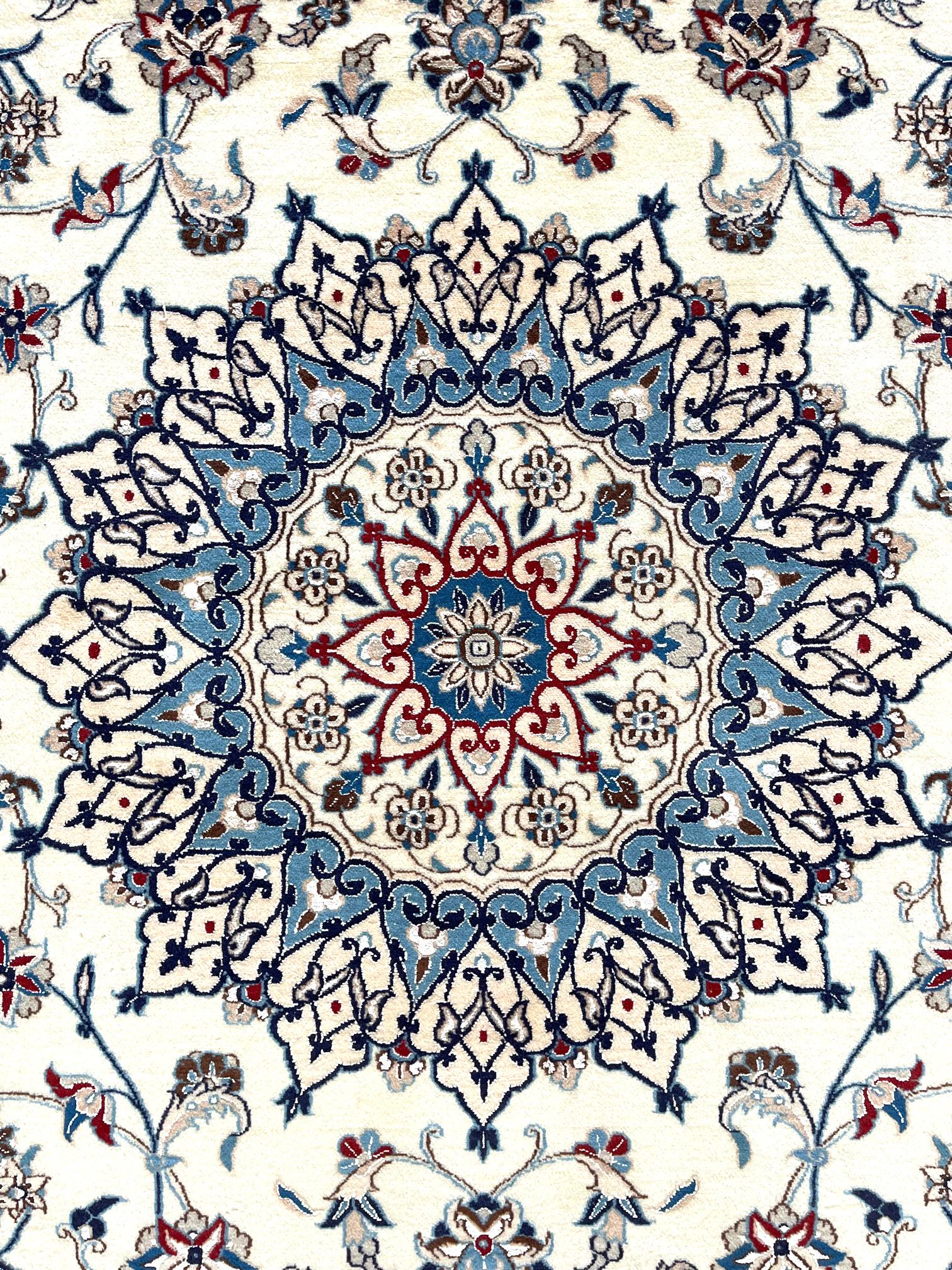Hand-Knotted Persian Hand Knotted Medallion Floral Cream Blue Nain Rug, circa 1990