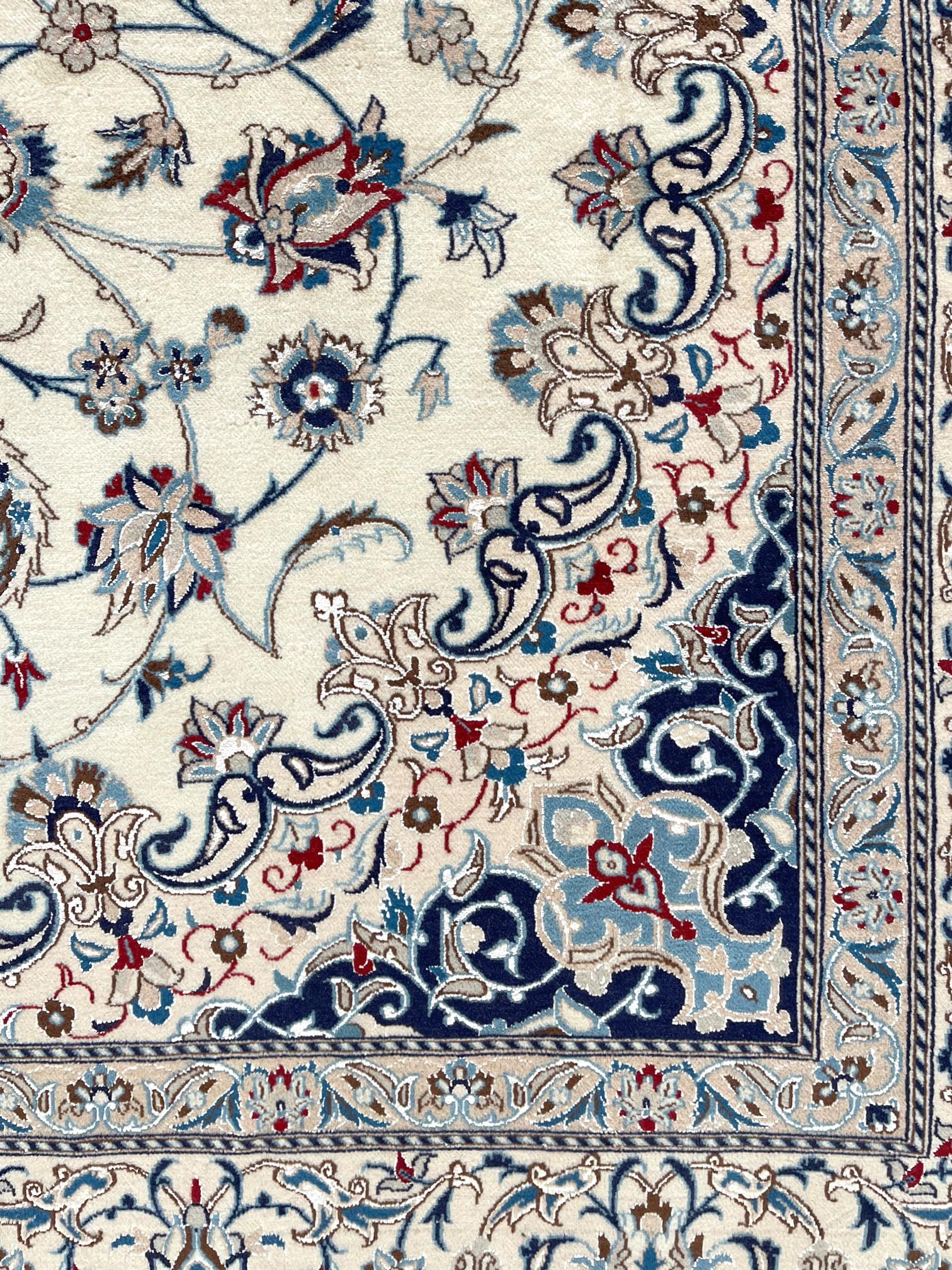 Wool Persian Hand Knotted Medallion Floral Cream Blue Nain Rug, circa 1990