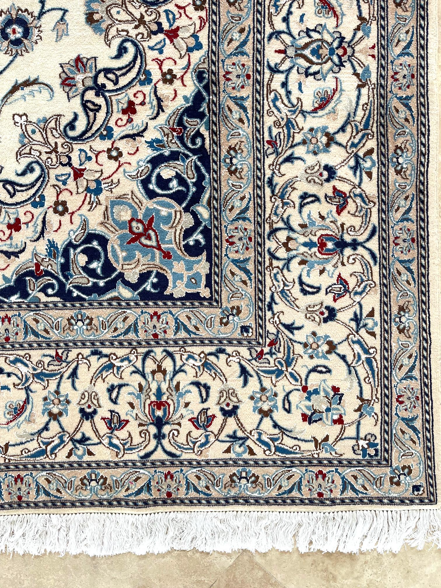 Persian Hand Knotted Medallion Floral Cream Blue Nain Rug, circa 1990 1