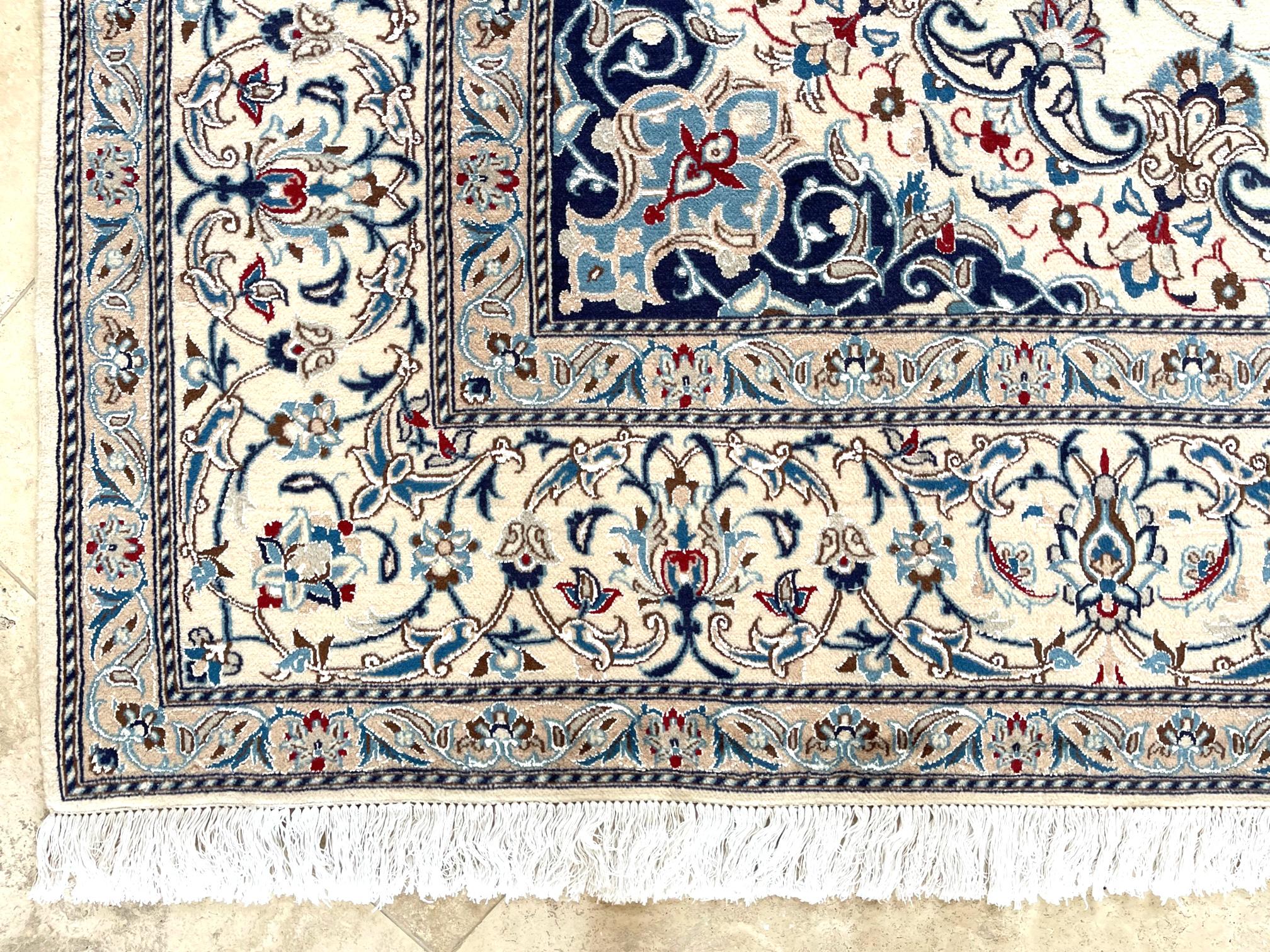 Persian Hand Knotted Medallion Floral Cream Blue Nain Rug, circa 1990 3