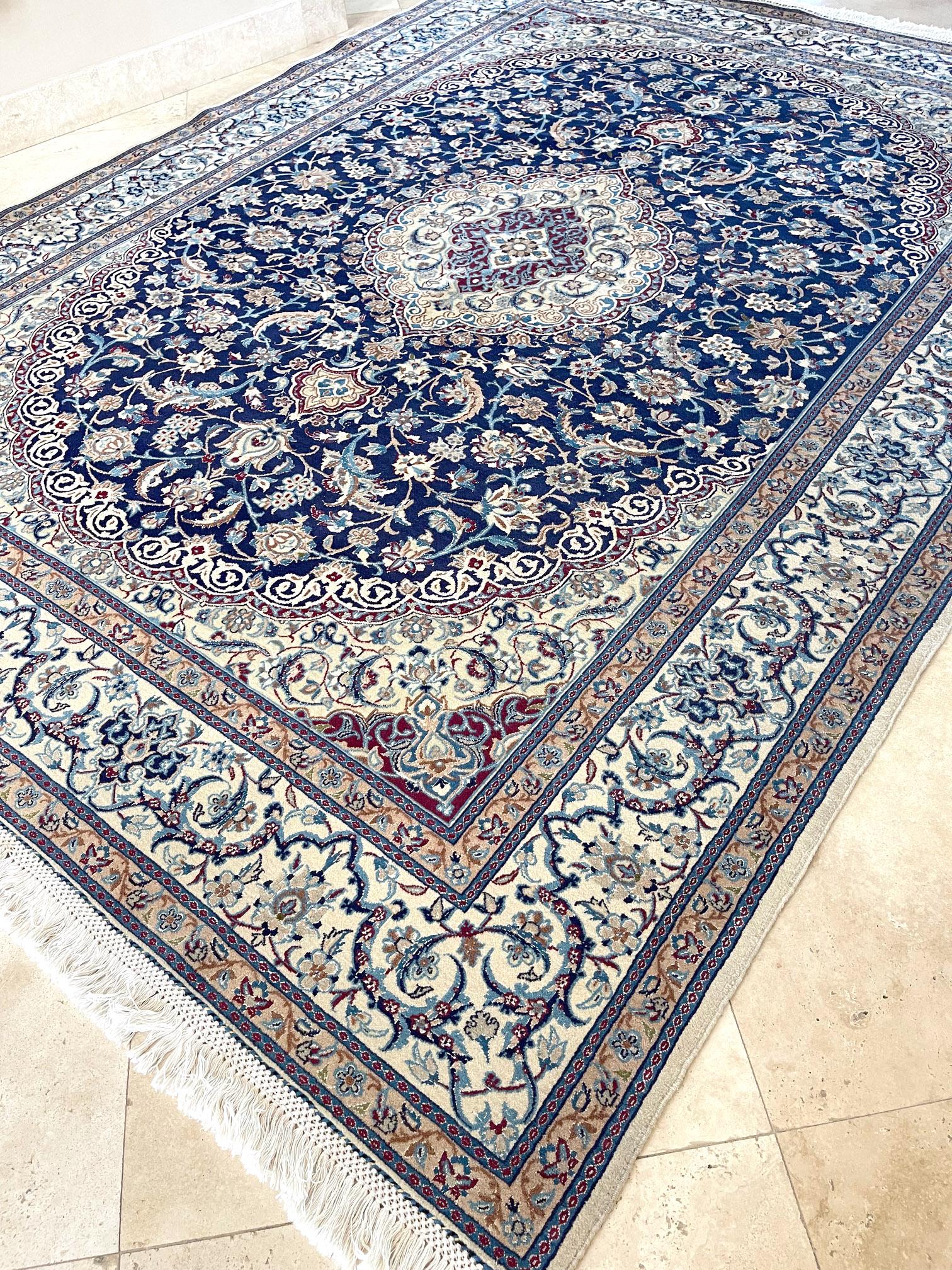 Persian Floral Cream Blue Nain Rug For Sale 4