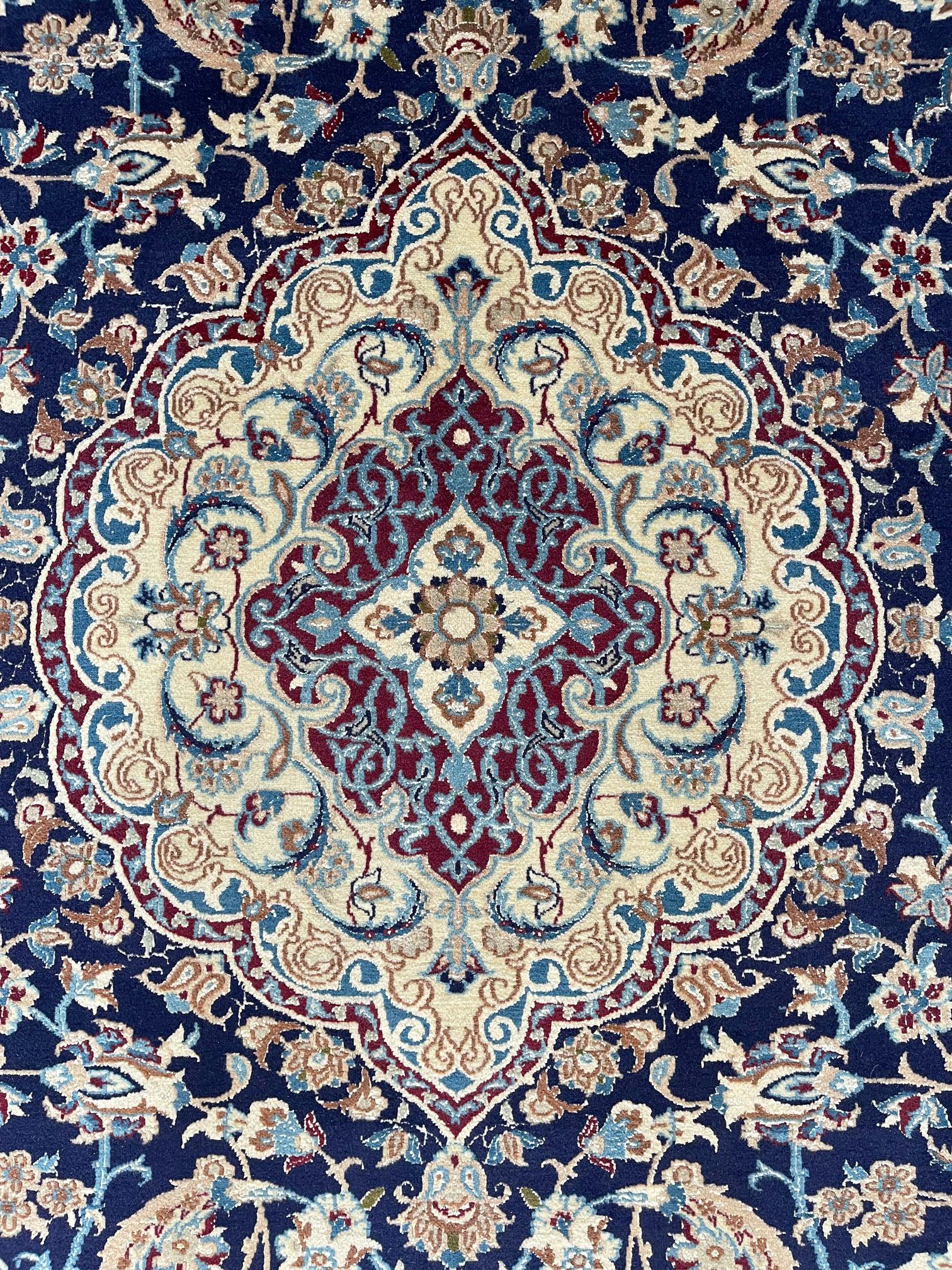 Hand-Knotted Persian Floral Cream Blue Nain Rug For Sale