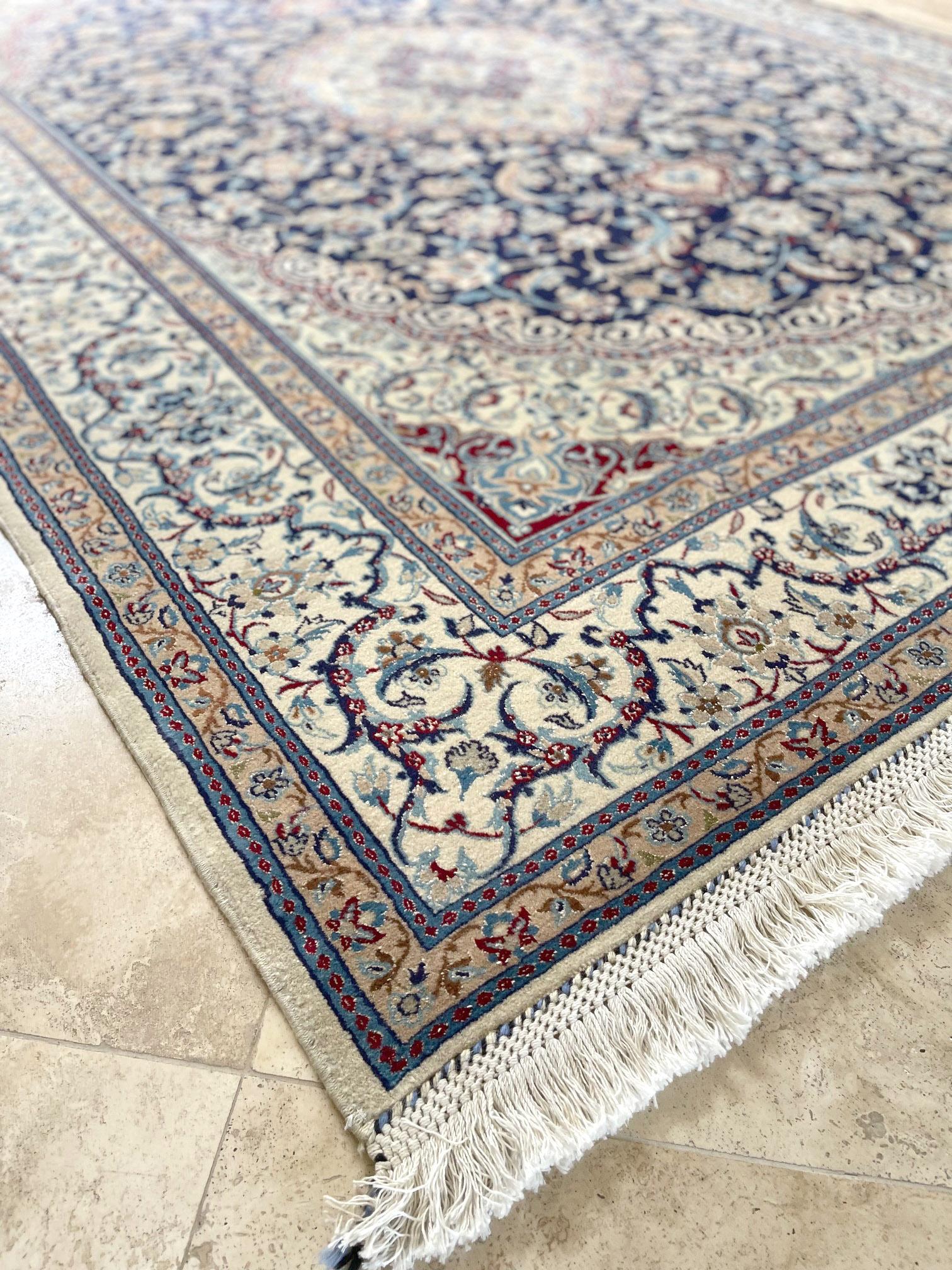 Wool Persian Floral Cream Blue Nain Rug For Sale