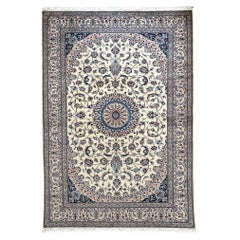 Persian Hand Knotted Medallion Floral Cream Blue Nain Rug