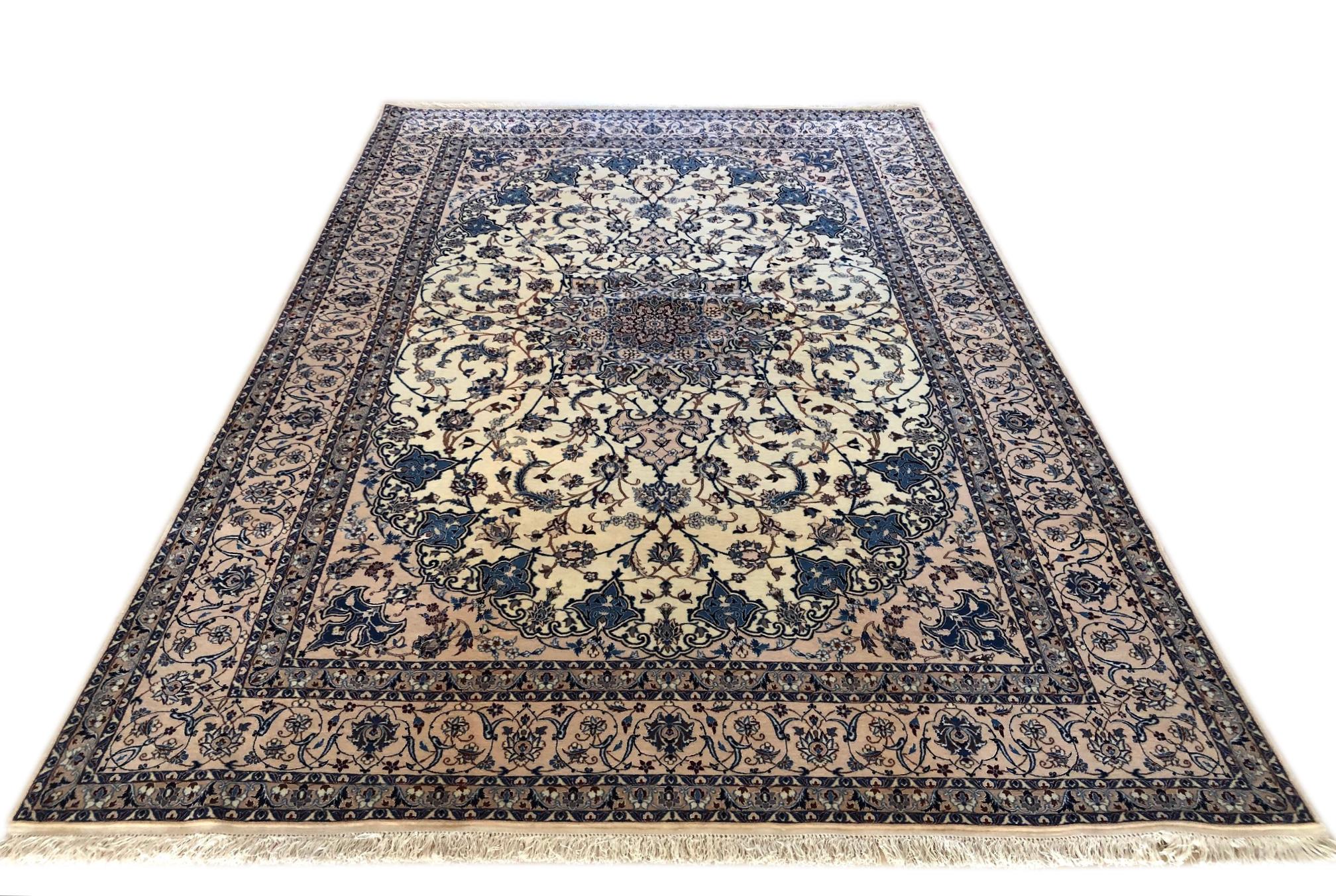 Persian Hand Knotted Medallion Floral Cream Nain Rug For Sale 4