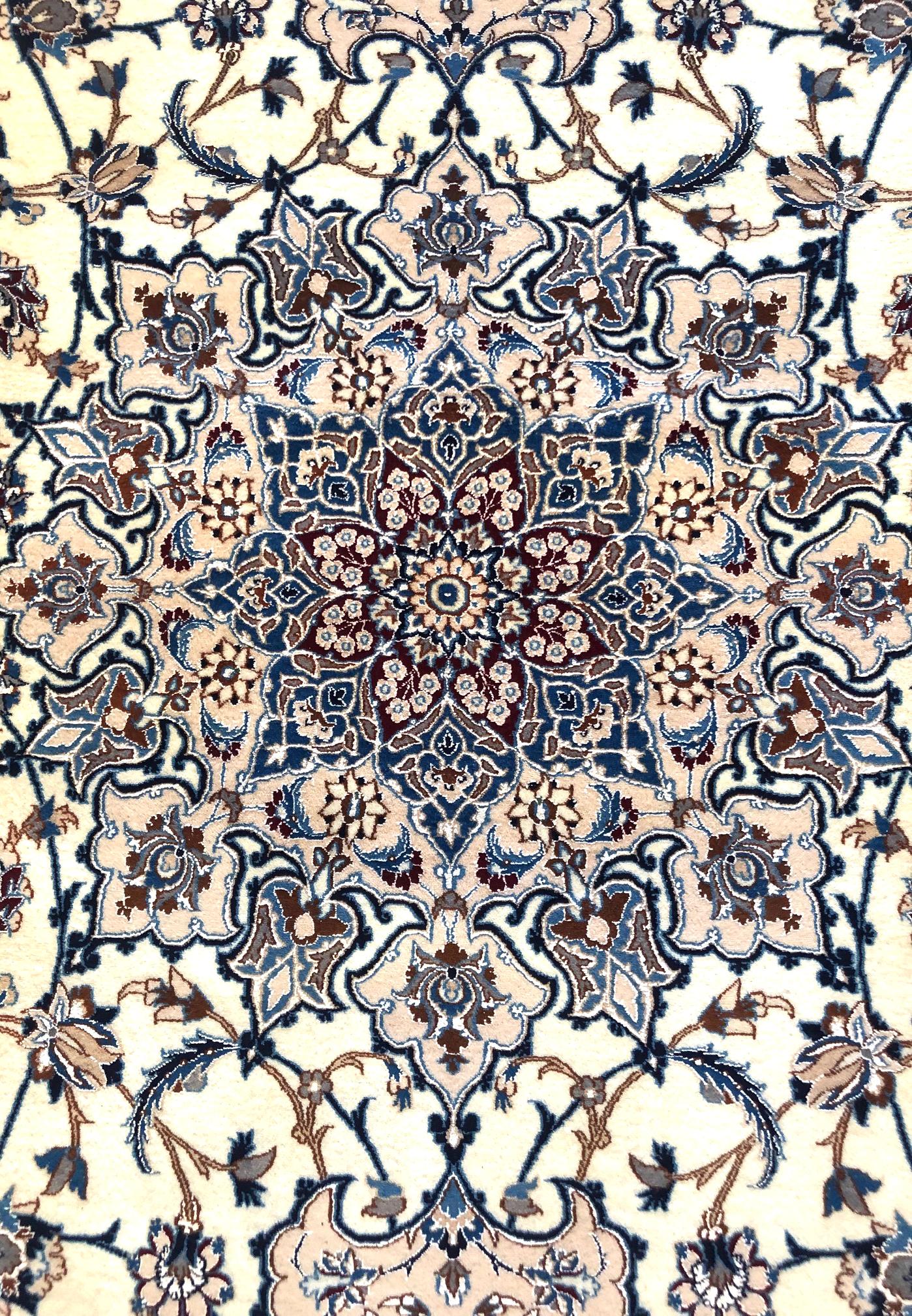 Contemporary Persian Hand Knotted Medallion Floral Cream Nain Rug For Sale