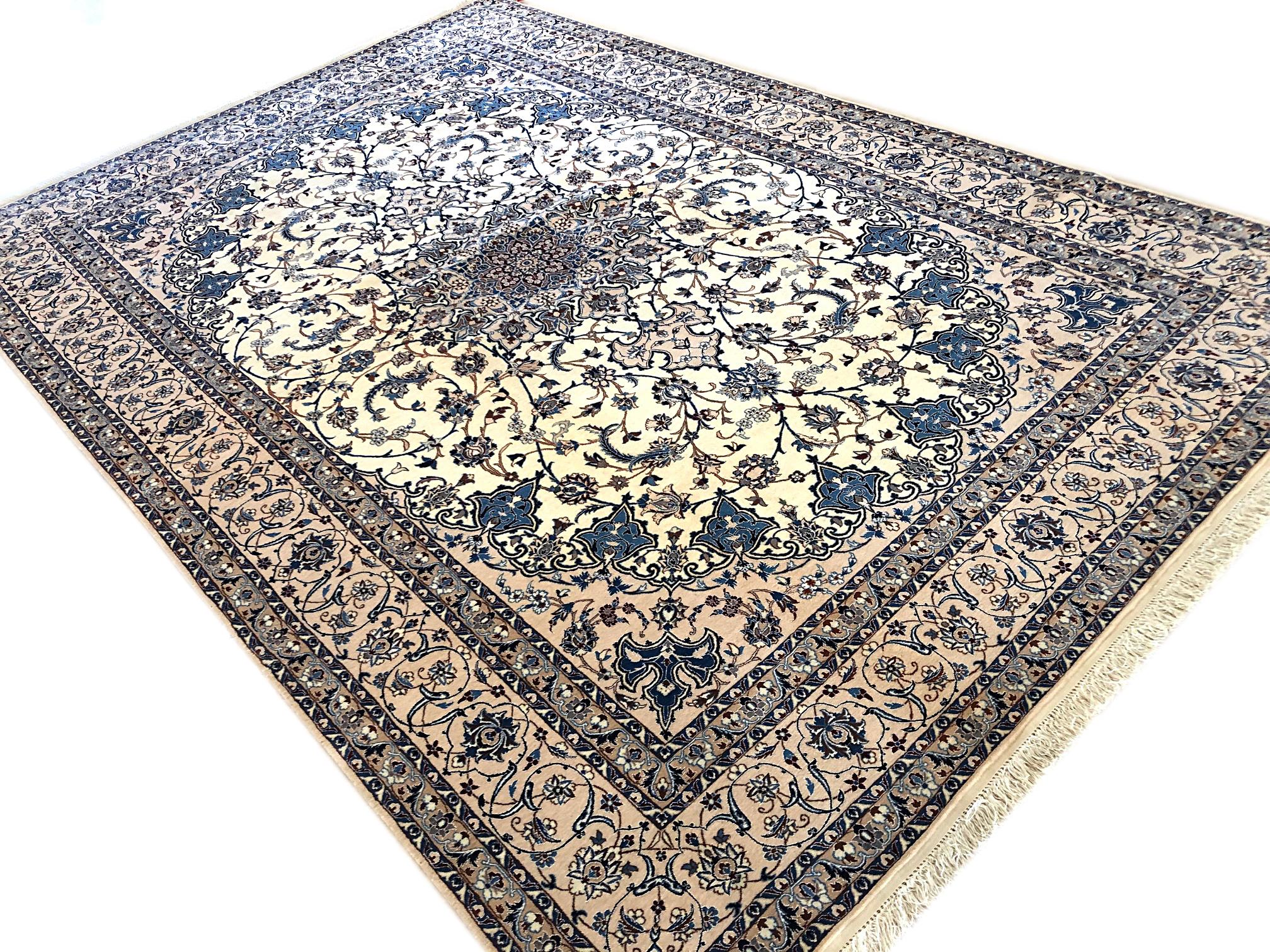 Wool Persian Hand Knotted Medallion Floral Cream Nain Rug For Sale