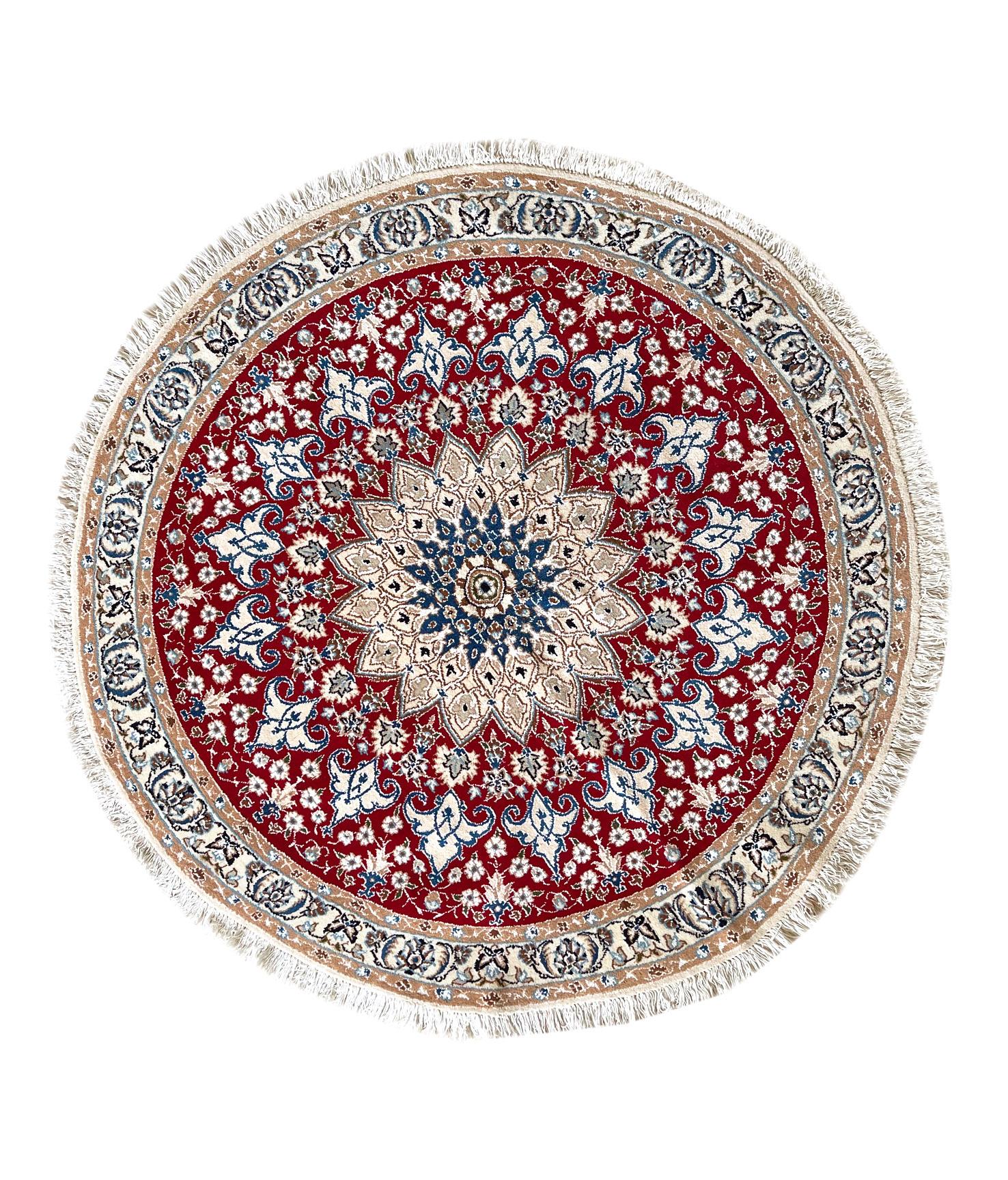 Persian Hand Knotted Medallion Floral Cream Red Nain Round Rug 4
