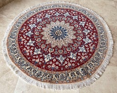 Persian Hand Knotted Medallion Floral Cream Red Nain Round Rug