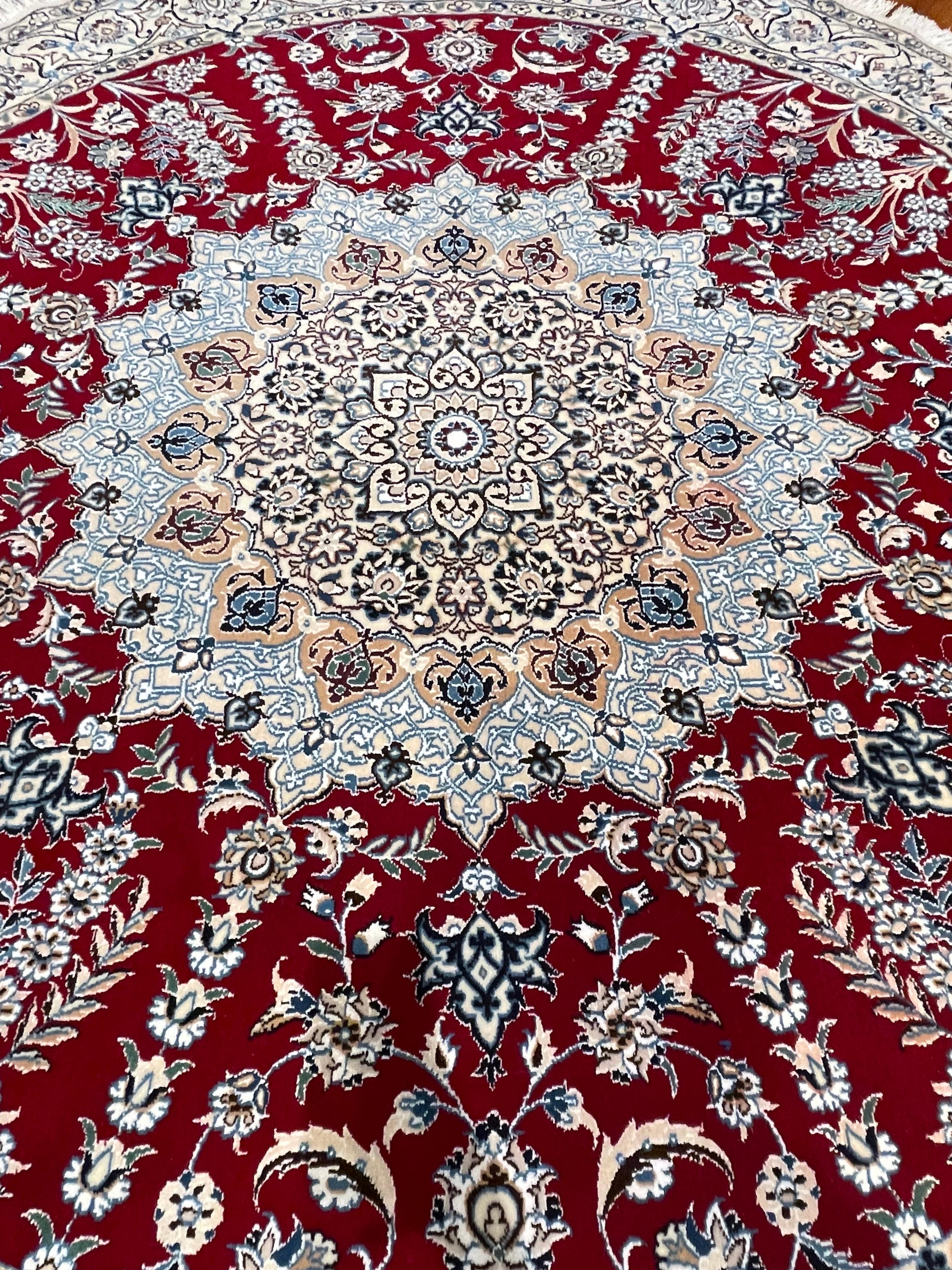 Hand-Knotted Persian Hand Knotted Medallion Floral Cream Red Nain Round Rug  For Sale