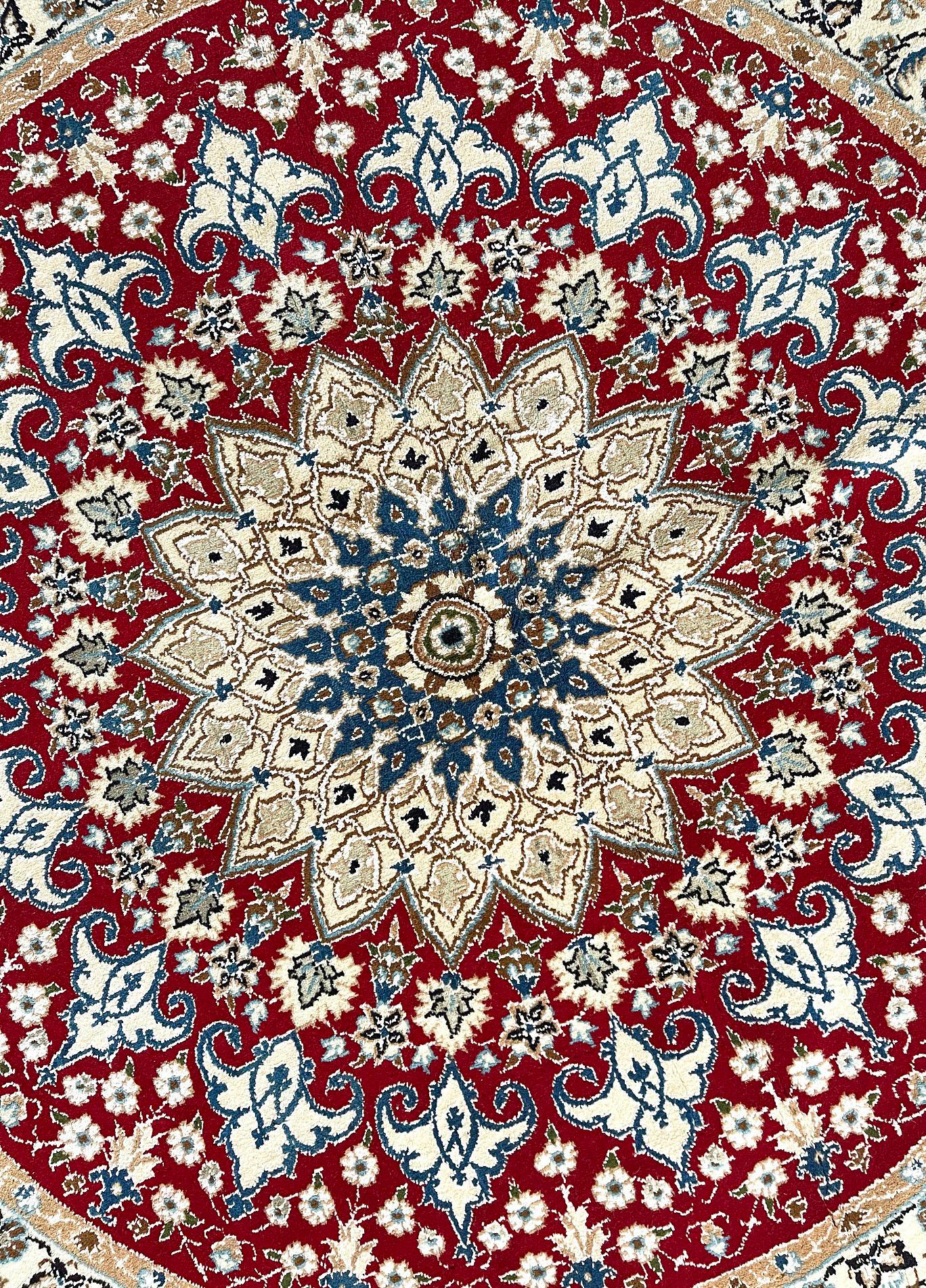 Contemporary Persian Hand Knotted Medallion Floral Cream Red Nain Round Rug