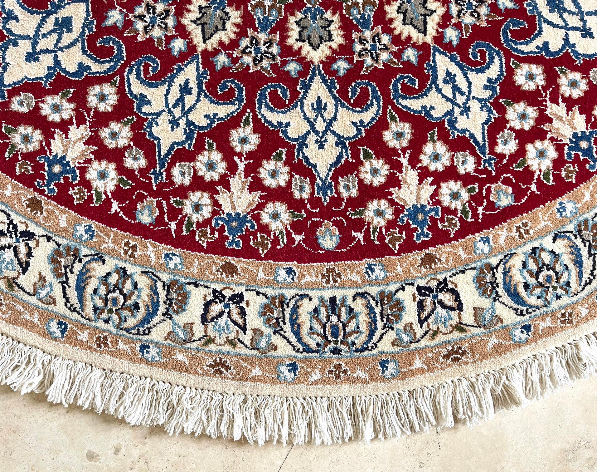 Wool Persian Hand Knotted Medallion Floral Cream Red Nain Round Rug