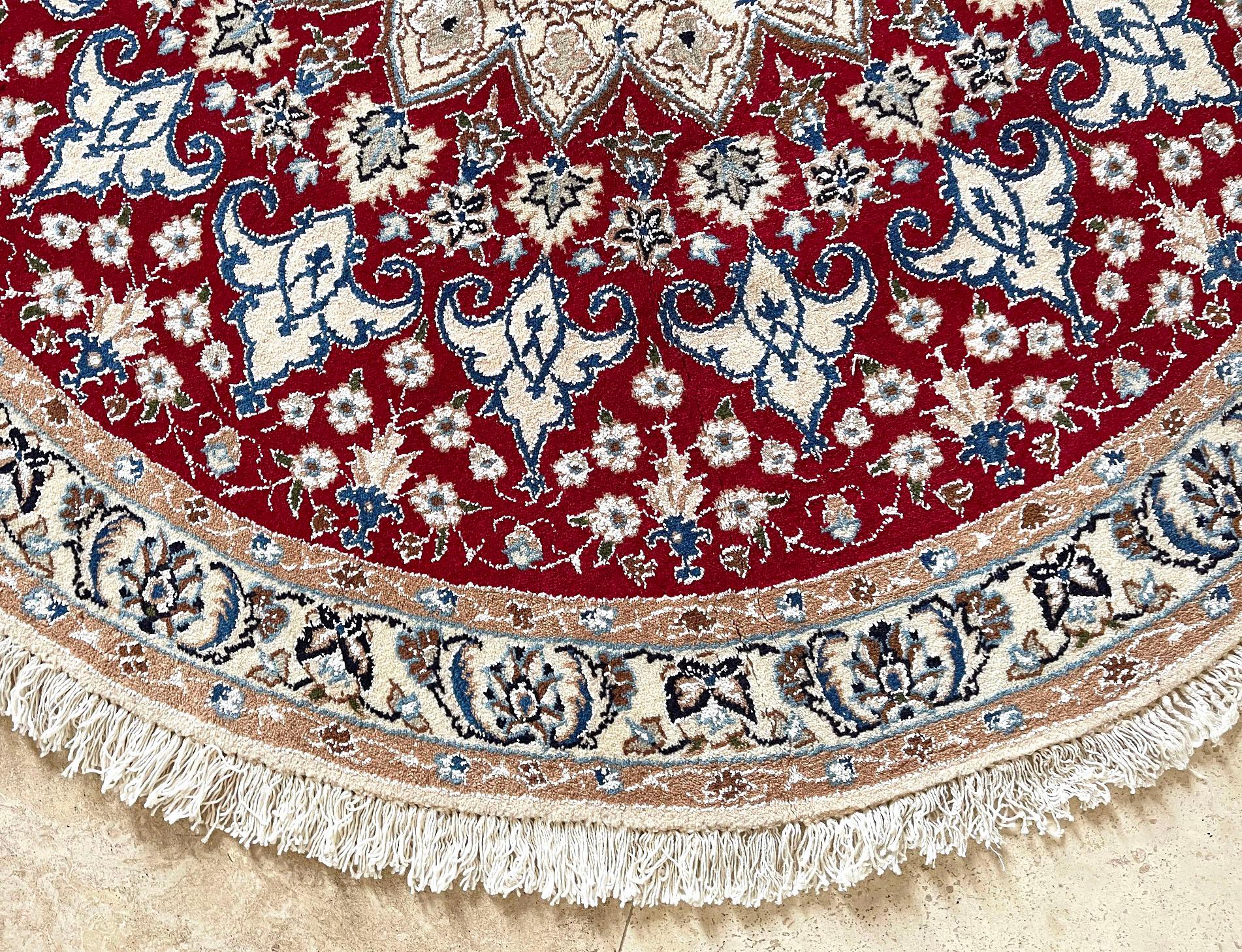Persian Hand Knotted Medallion Floral Cream Red Nain Round Rug 3