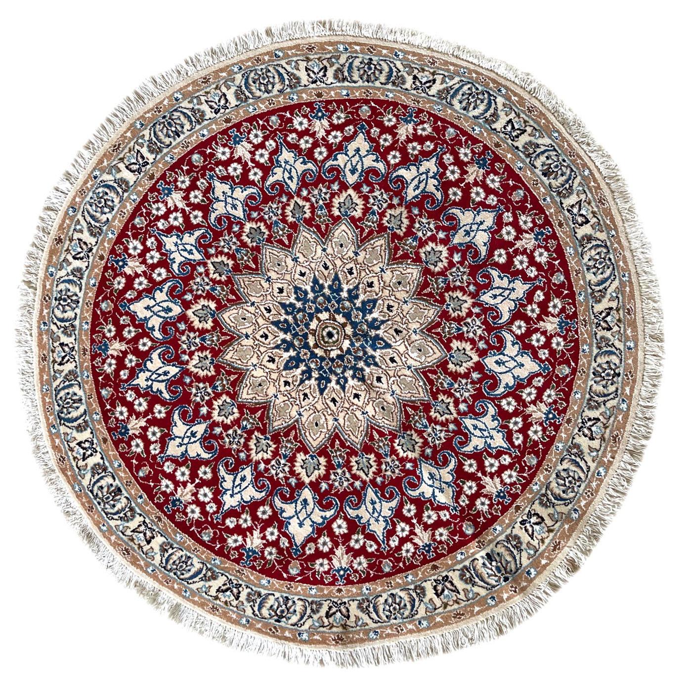 Persian Hand Knotted Medallion Floral Cream Red Nain Round Rug