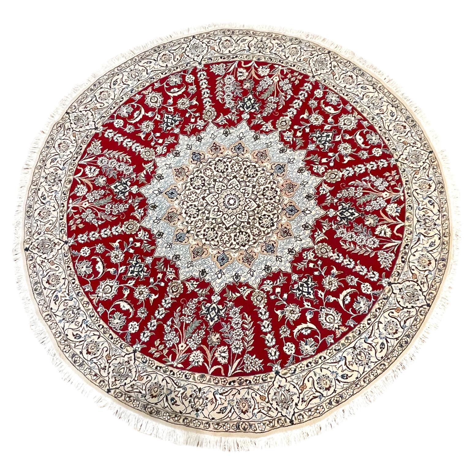 Persian Hand Knotted Medallion Floral Cream Red Nain Round Rug  For Sale